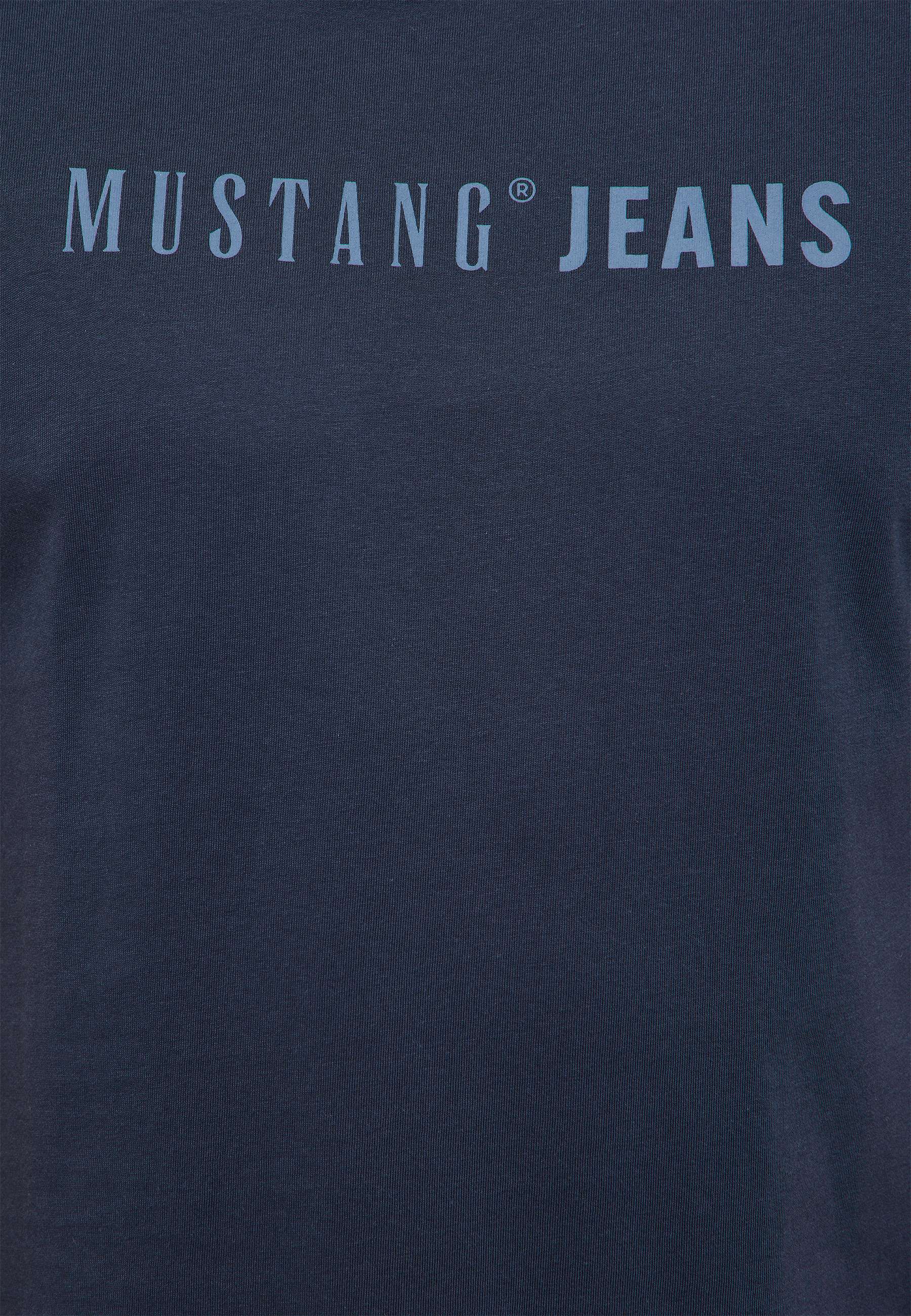 t-shirt, navy, logo, text, mustang jeans