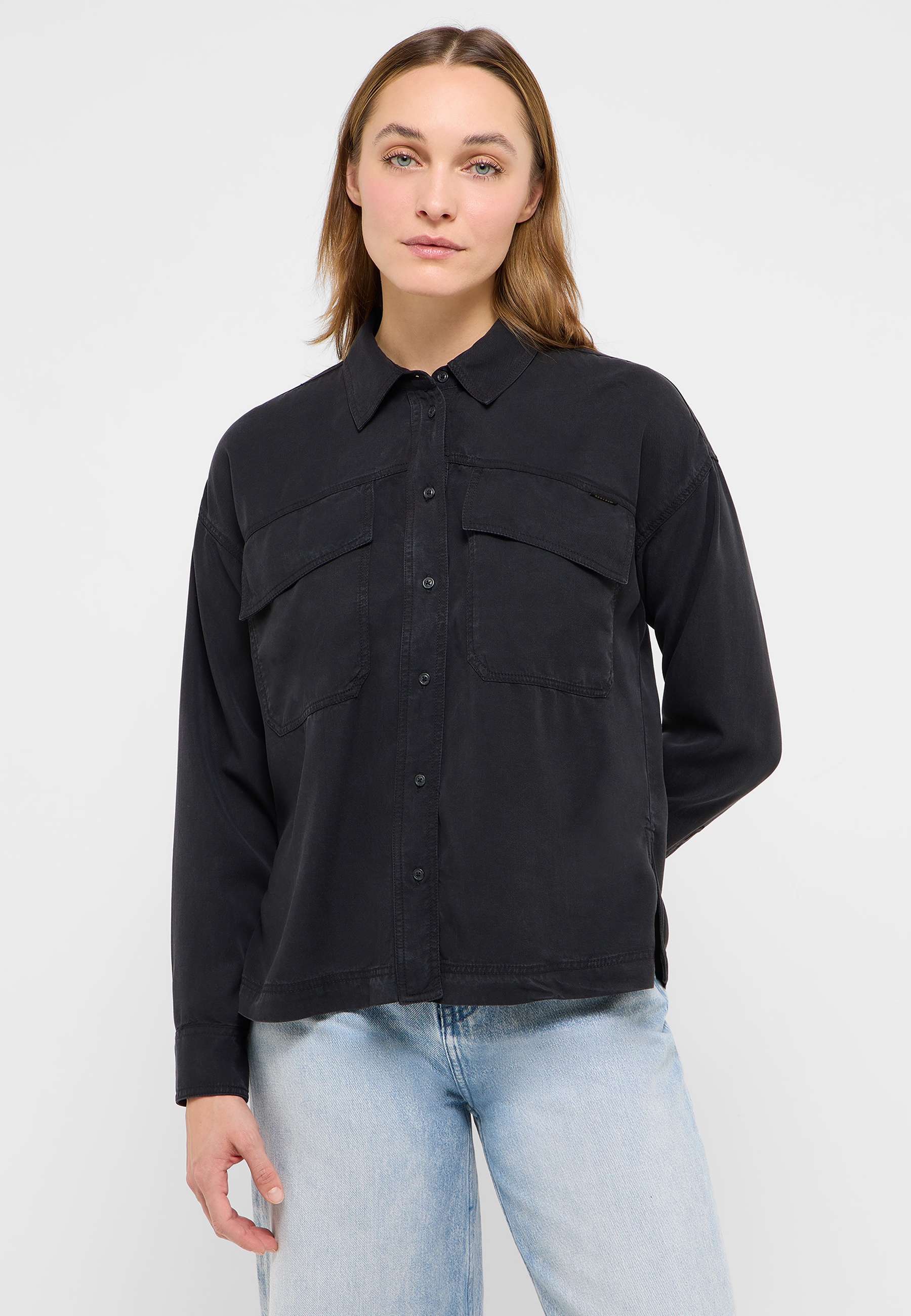 Hemden, Schwarz, Overshirt, Knopfleiste, Große Brusttaschen