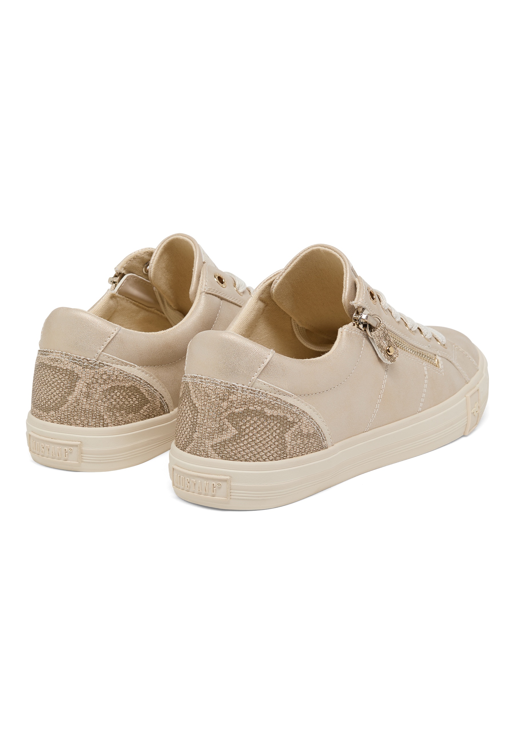 Sneaker, Beige, Leder, Grau-Snake-Print, Reißverschluss