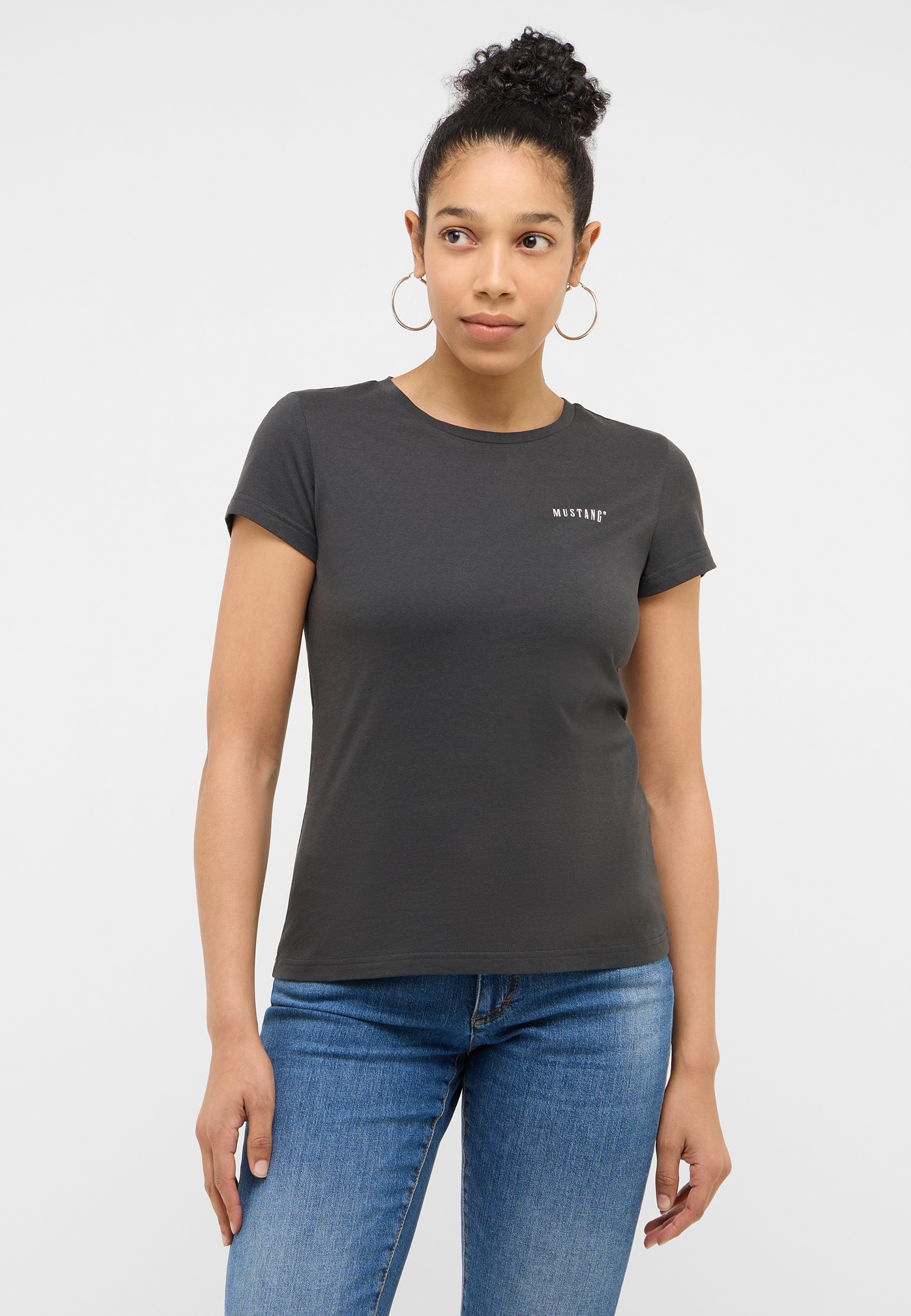 t-shirt, kurzarmig, einfarbig, dunkelgrau, mustang-aufdruck