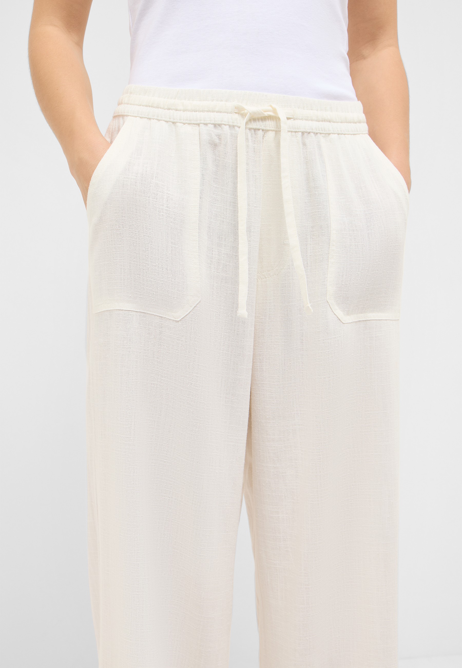 Hose, Lounge Pants, Weiß, Seitennahttaschen, Gürtelband