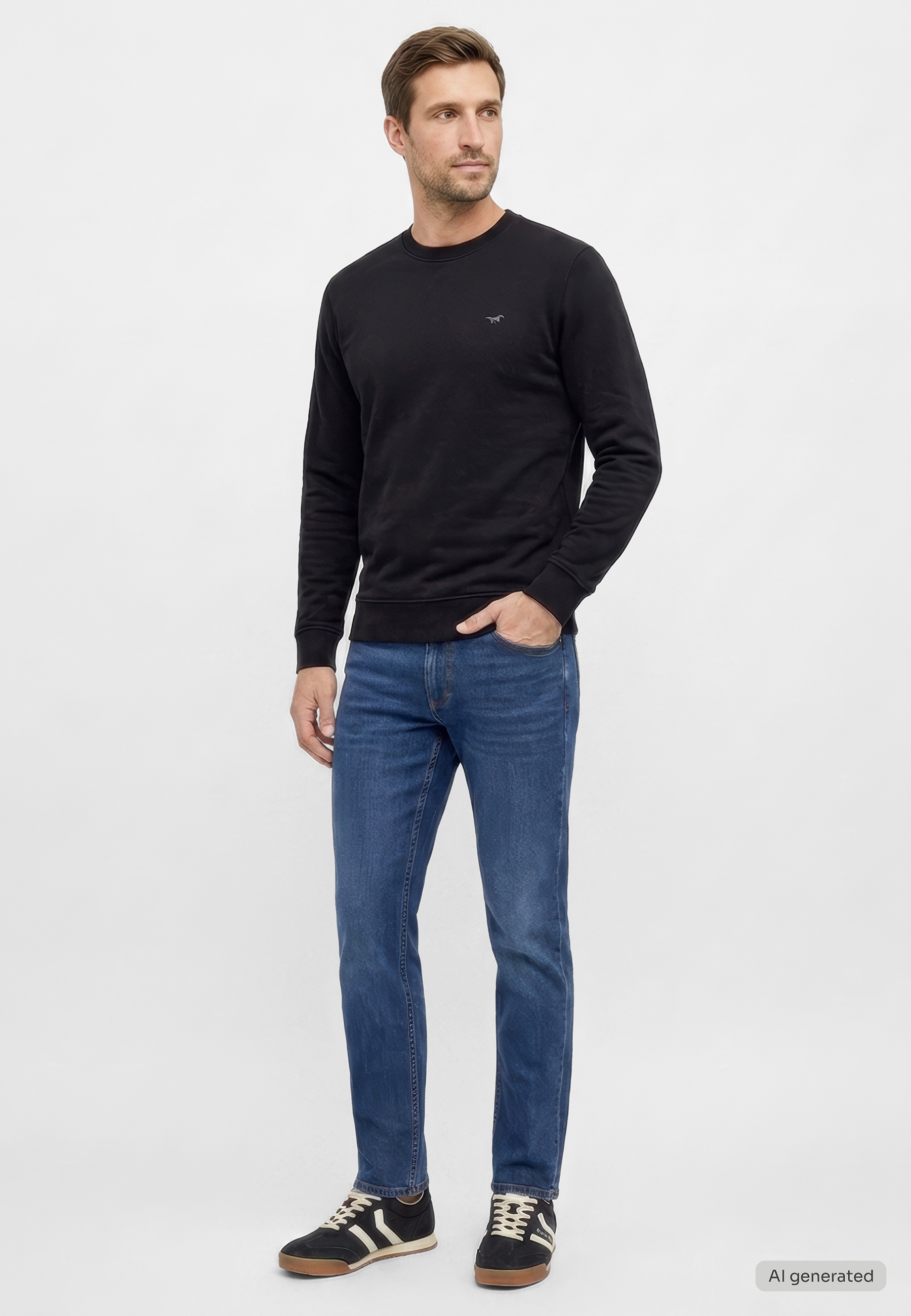 schwarzes sweatshirt, langarmshirt, Kleidung, jeans, Sneaker-Ensemble
