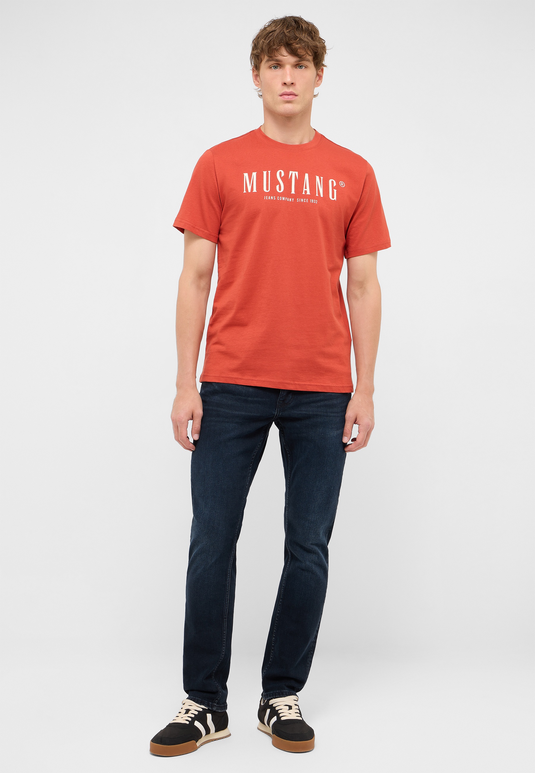 t_shirt, crew_neck, orange, mustang, graphic_text