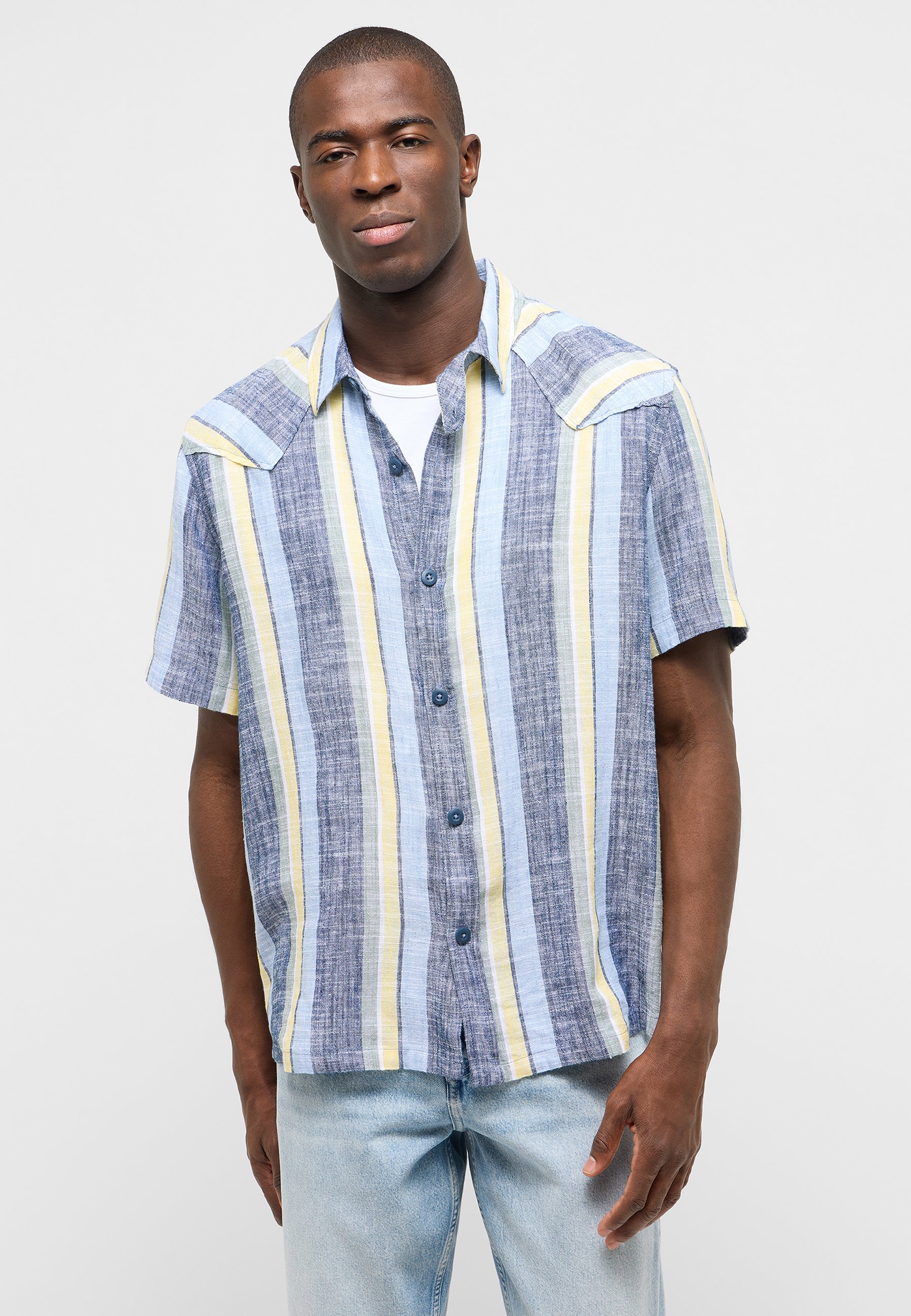 shirt, striped, short-sleeve, linen, blue
