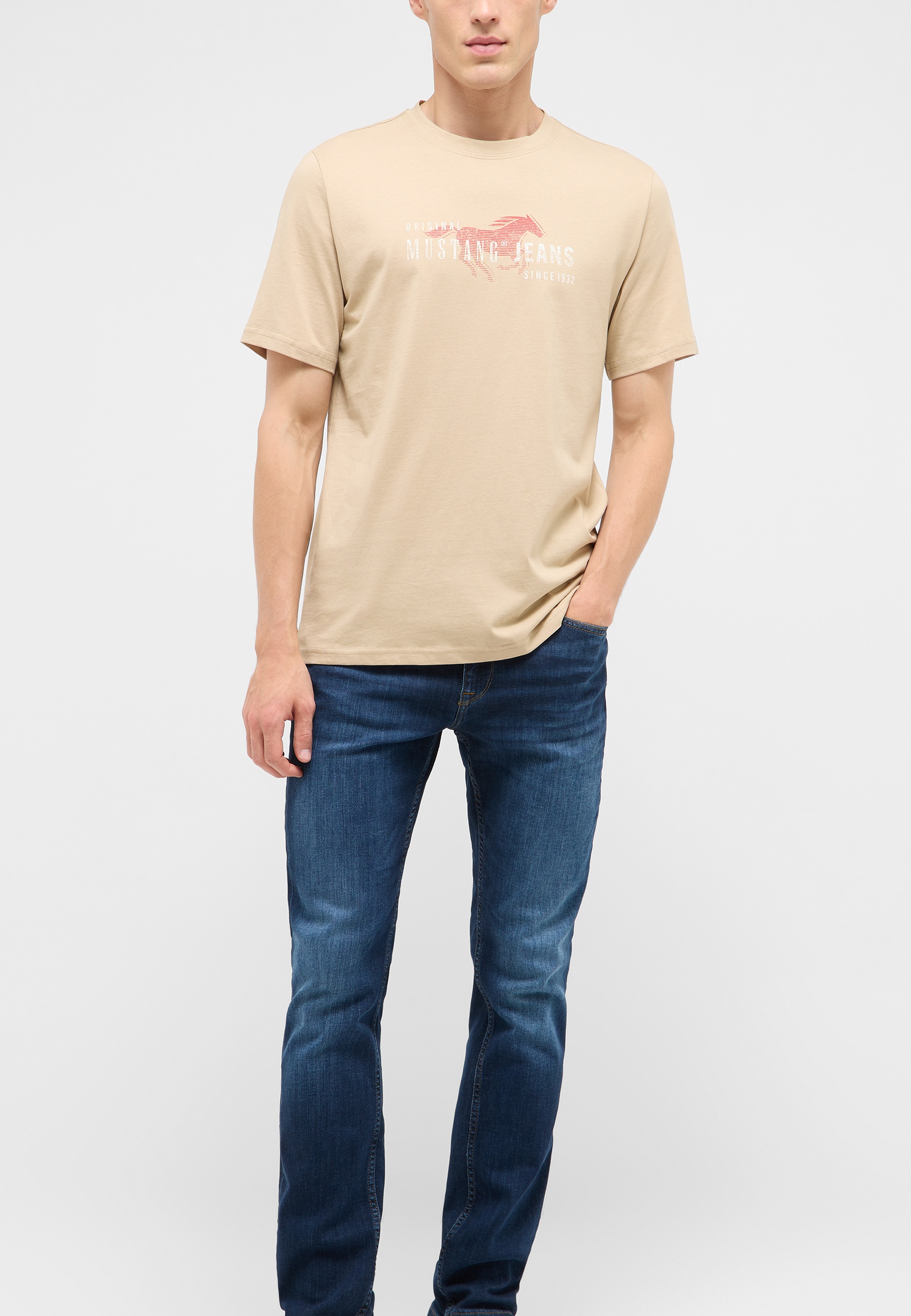 t-shirt, beige, kurzarm, Logo-Druck, Jeans aus Denim