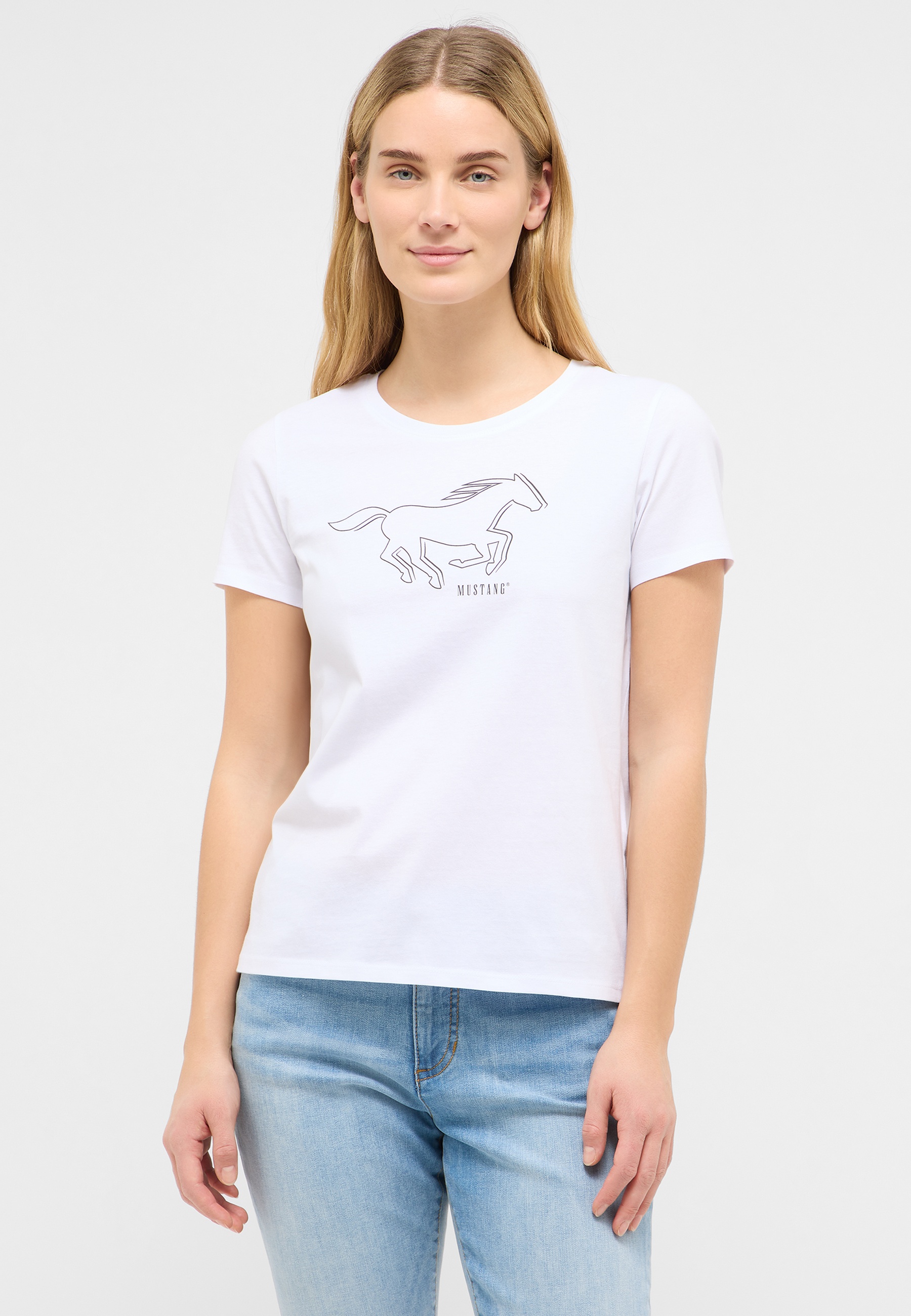 t-shirt, weiß, mustang- logo, kurzarm, baumwolle