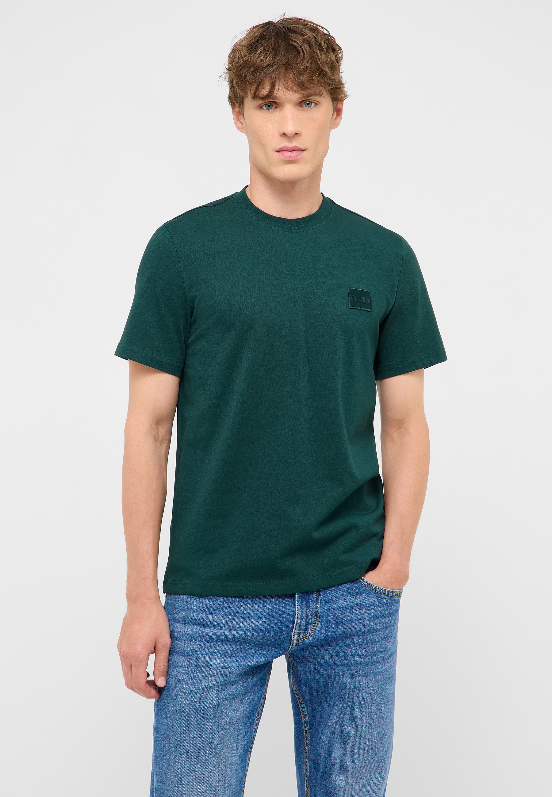 T-Shirt, Kurzarm, Uni, Grün, Logo-Patch