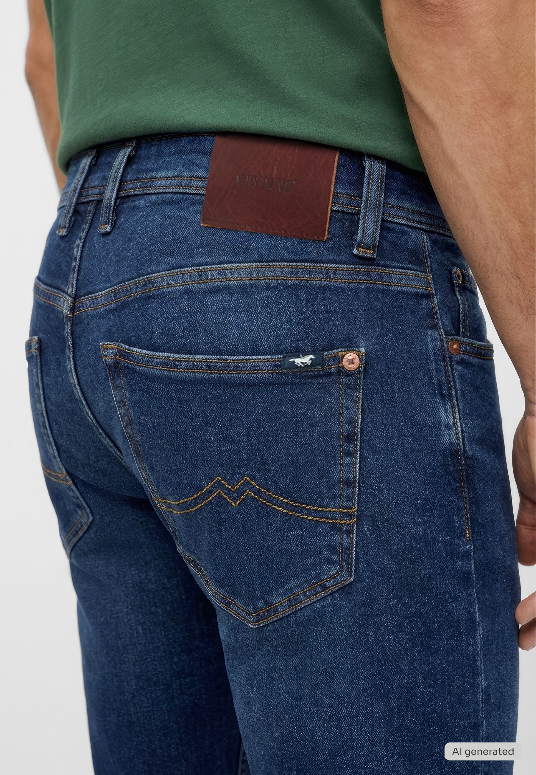 jeans, denim, Backentasche, Steppung, braune Lederpatch