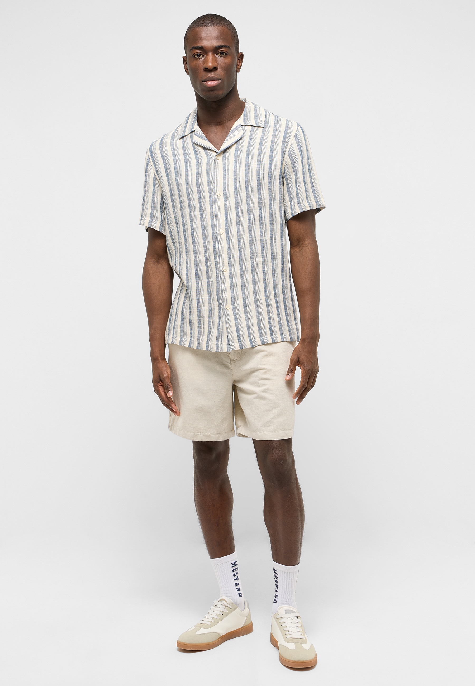 Hemd, Kurzärmelig, Strickmuster, Blau-Weiß, Linen-Look