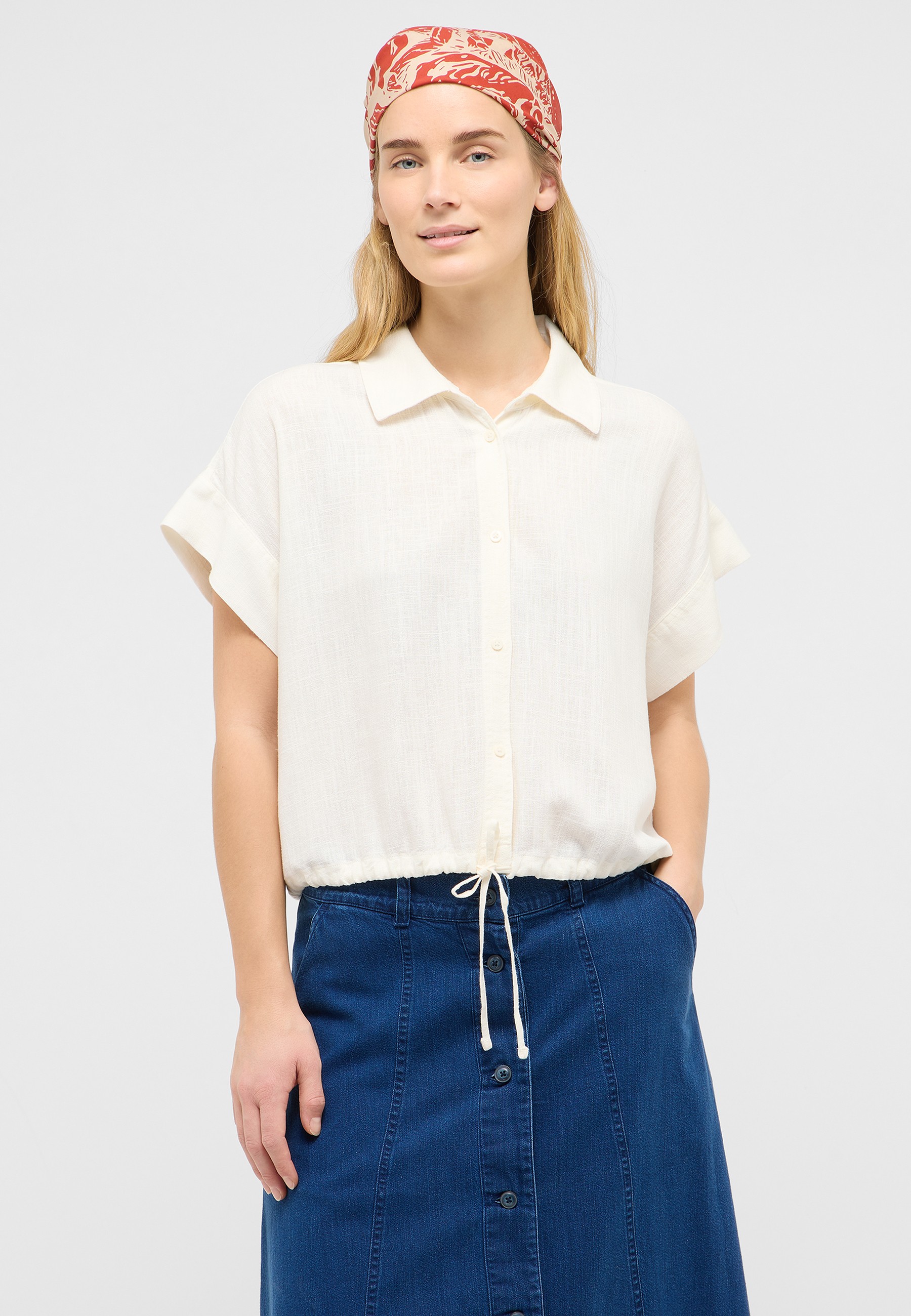 Bluse, Kurze Ärmel, Weiß, Knoten-Detail, Bandana