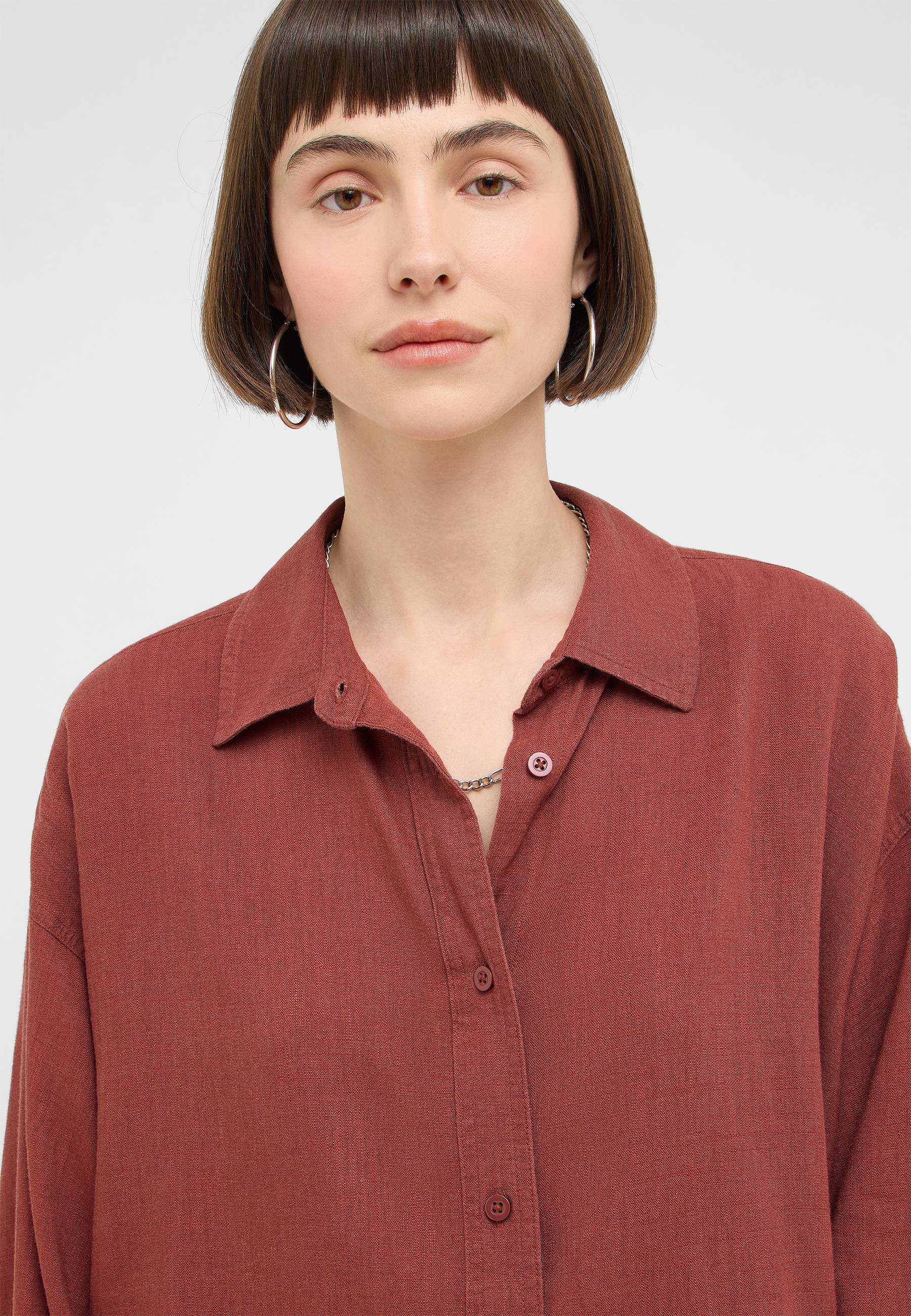 Bluse, Lockere Passform, Kragen, Leinenoptik, Rosenholz