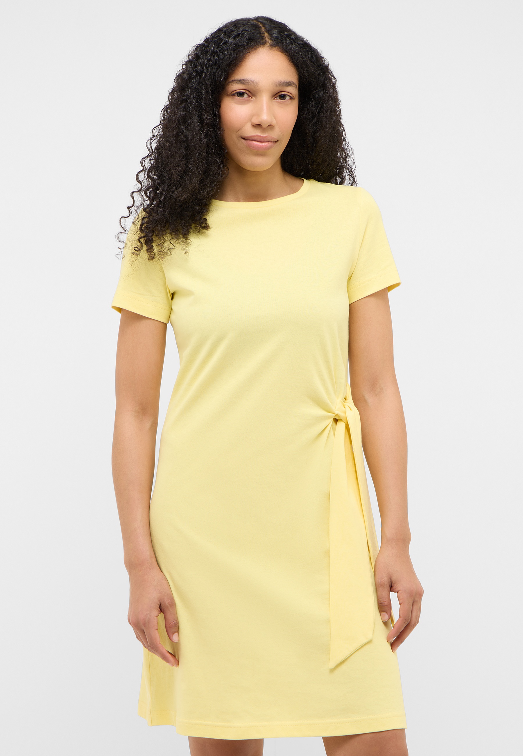 Kleid, Kurzarm, Gelb, Seitentasche, Knotendetail