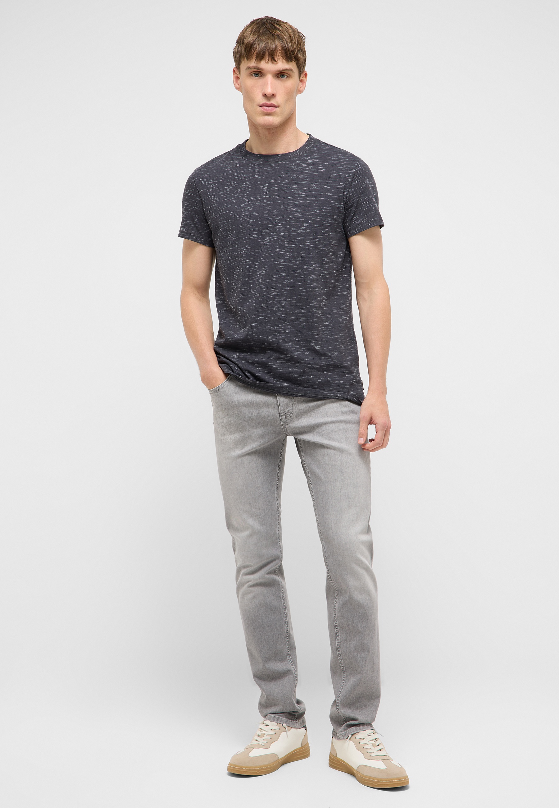 T-Shirt, Kurzarm, Rundhals, Dunkelblau, Streifenloses Muster