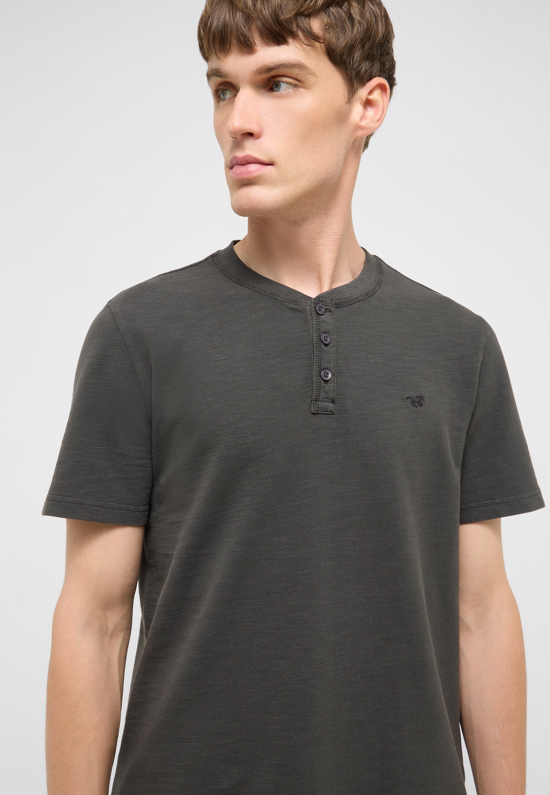 Henley-Shirt, Kurzes&nbsp;Ärmel, Dunkelgrau, Baumwolle, Knopfleiste