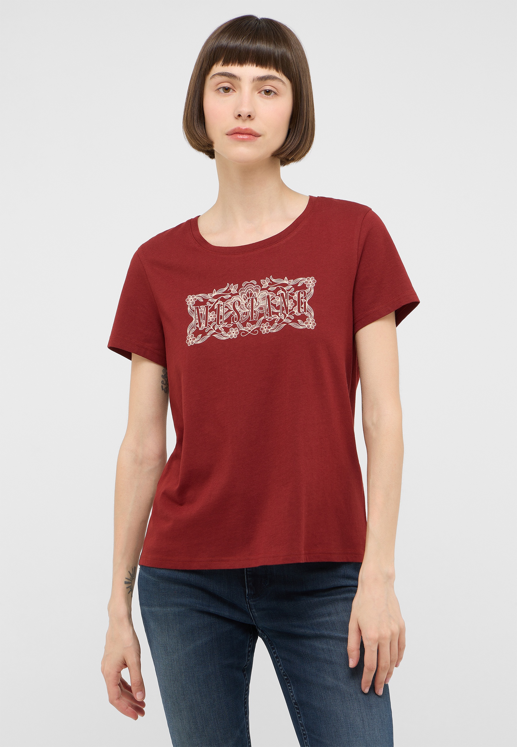 T-Shirt, Rundhals, Kurzarm, Weinrot, Print-Design