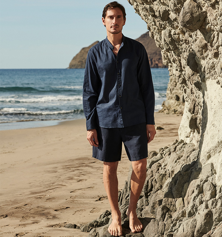 Herrenoutfit, Lange Ärmel, Hemd, Navy Blau, Shorts