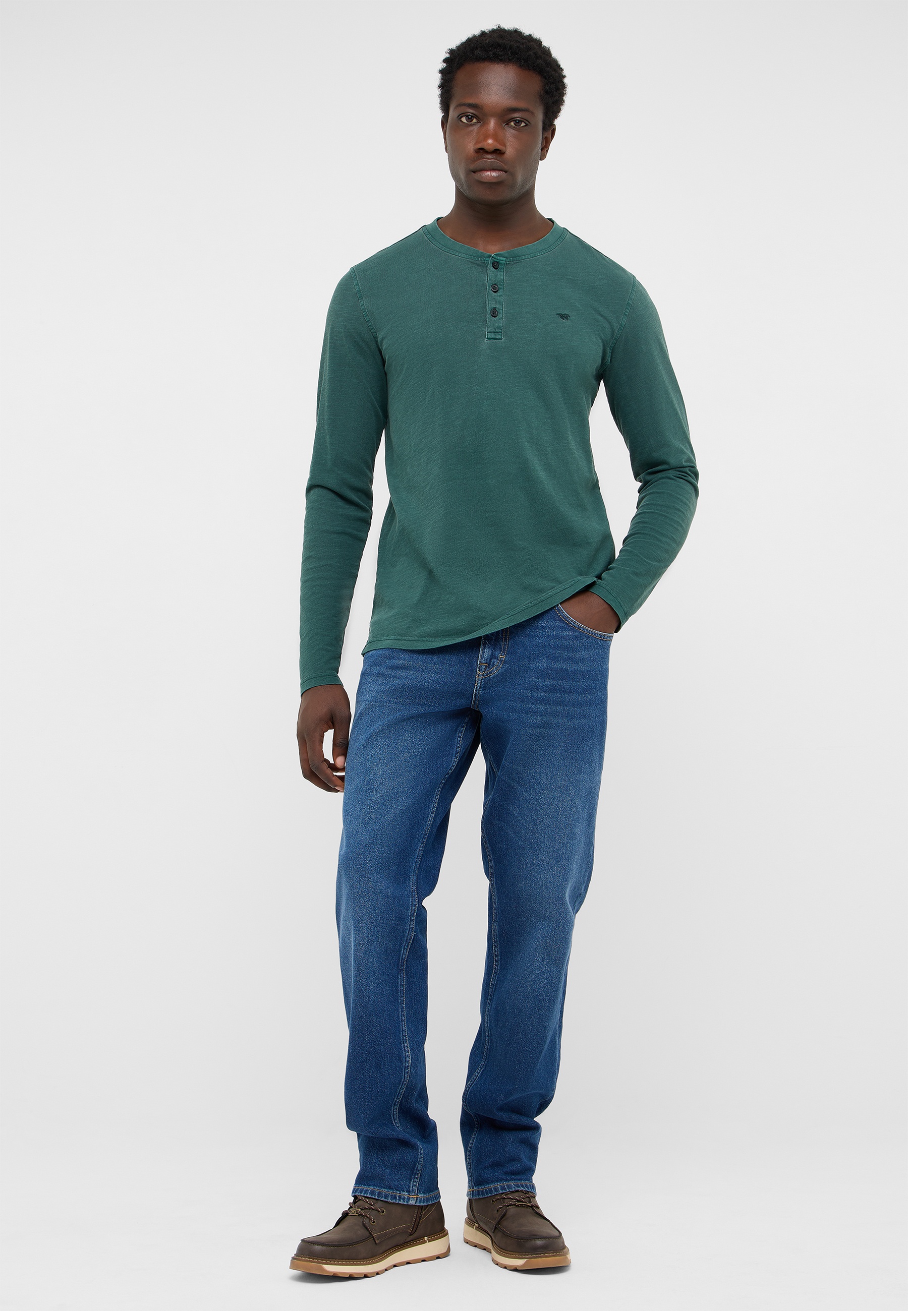 Henley-Shirt, Langarmshirt, Grün, Casual, Slim-fit