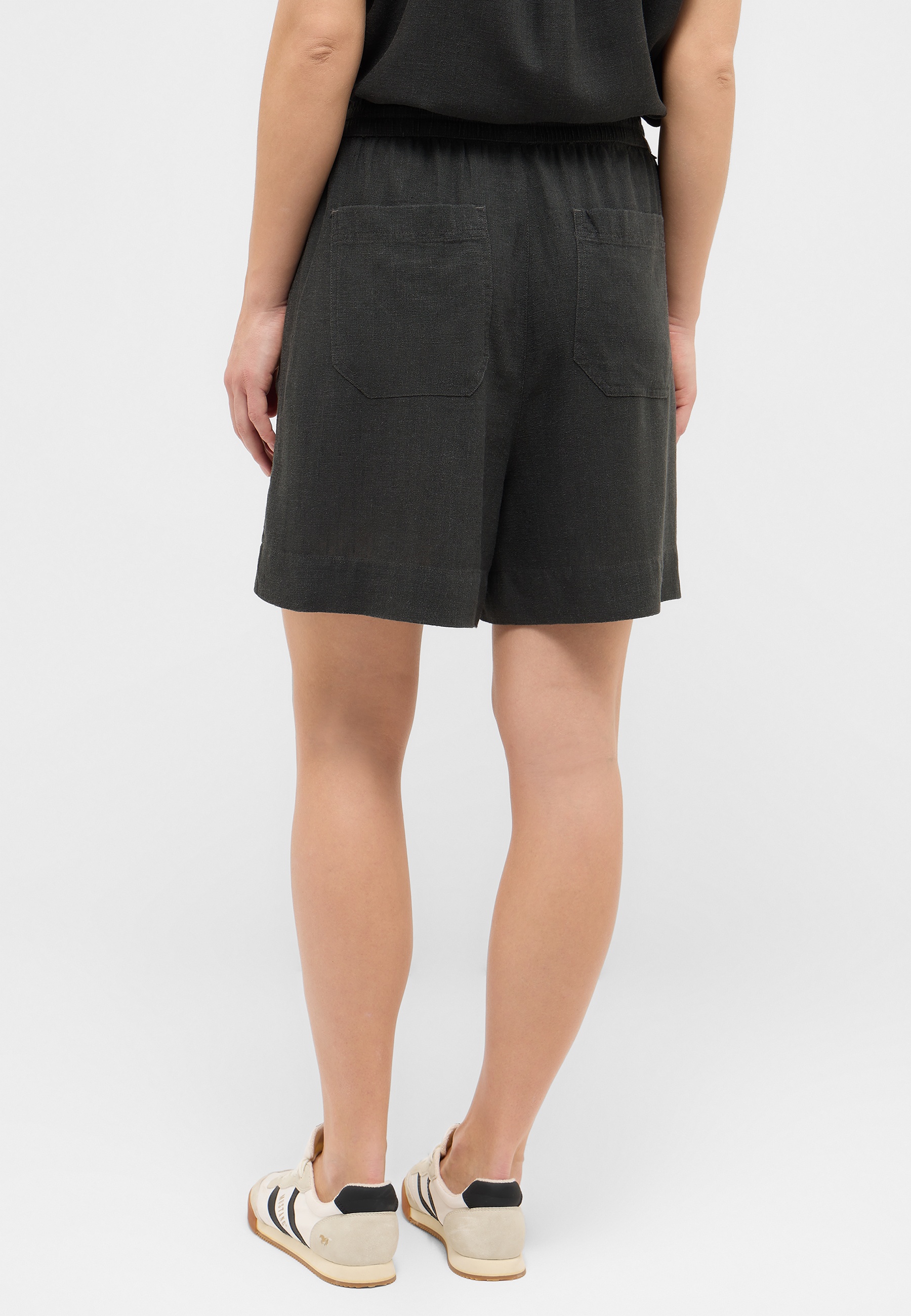 kurze hose, rückansicht, taschen, dunkelgrau, leinenartige stoff