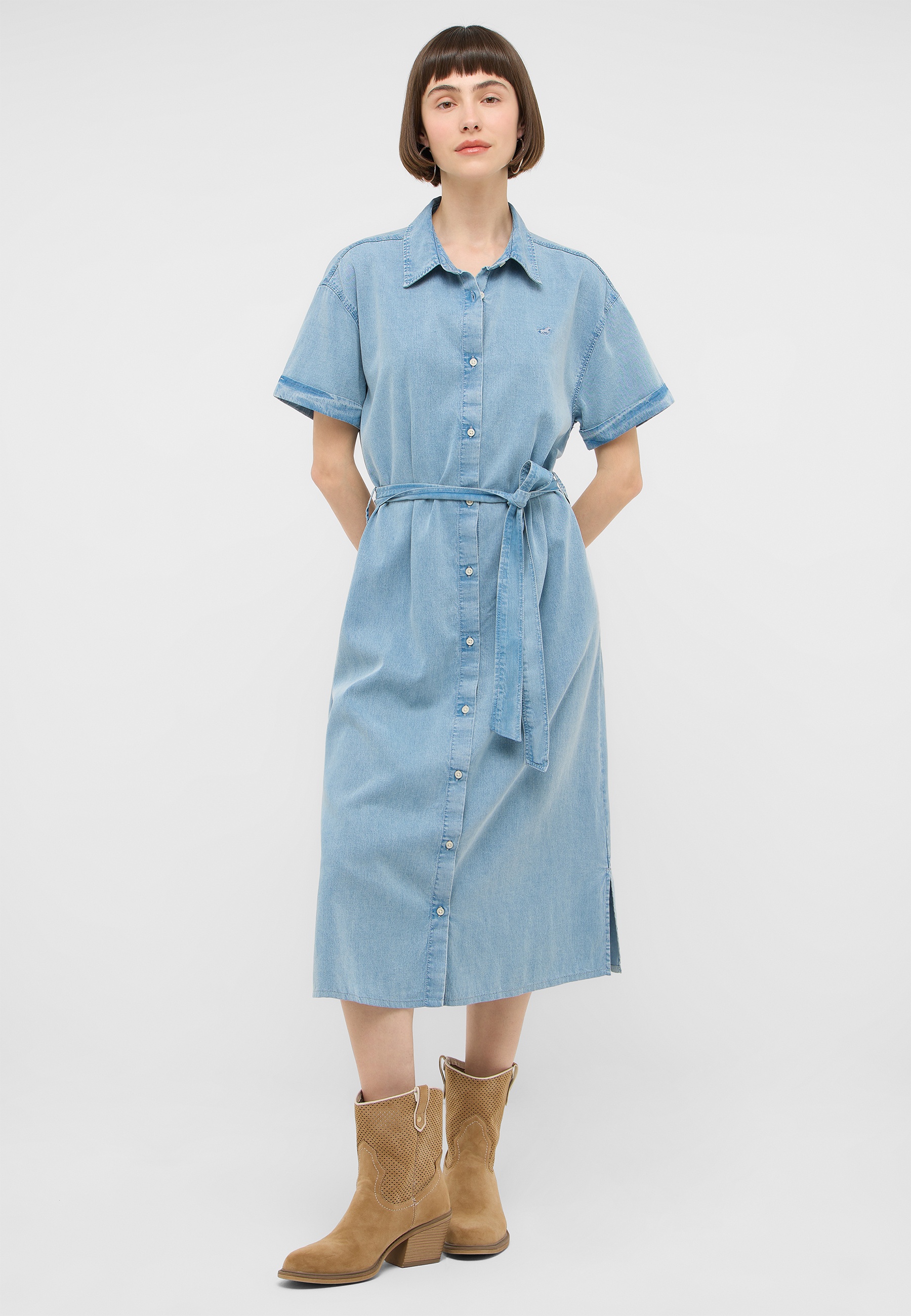 Denimkleid, Shirtkleid, gürtel, kurzarm, mittellang