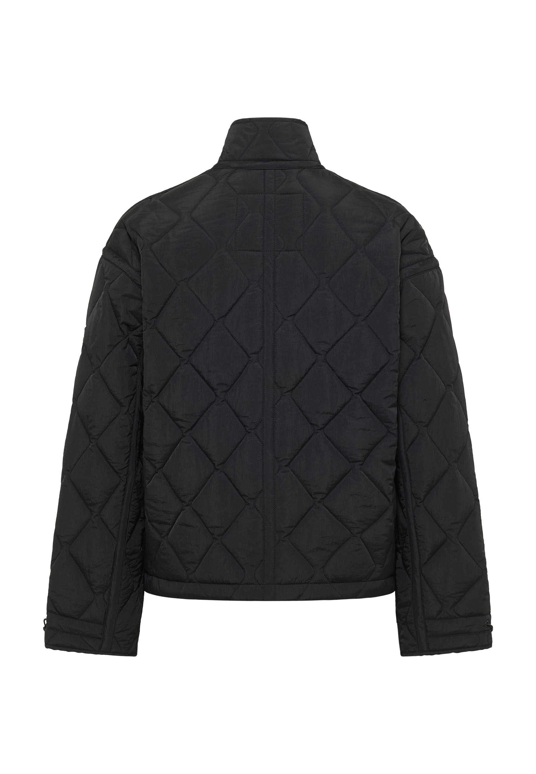 steppige Jacke, Puffer, Rückenansicht, Schwarz, Stehkragen