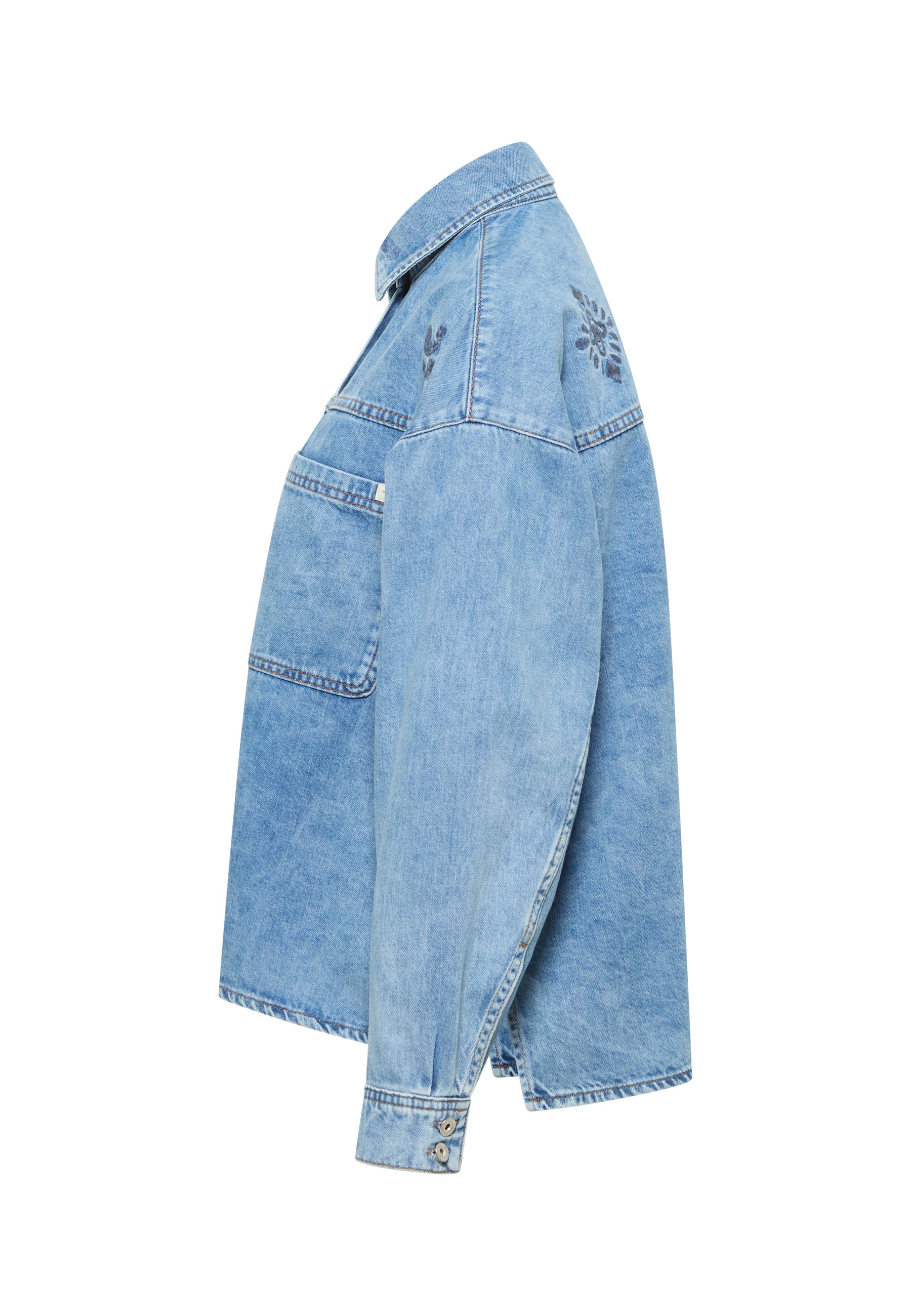 Denimjacke,  Hellblau, Stickereien, Brusttasche, Knopfmanschetten