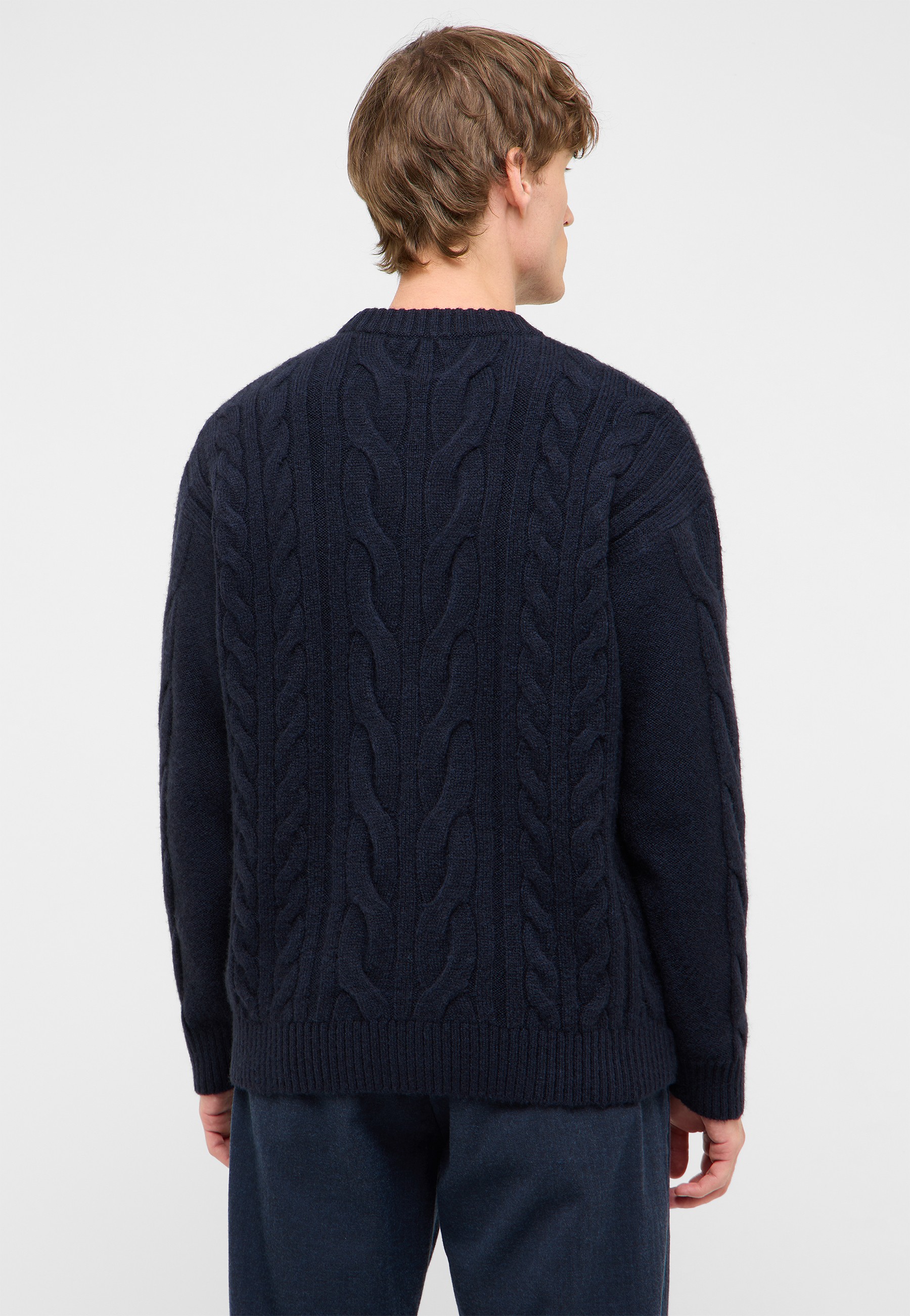 Wollpullover, Kabelmuster, Navy, Oversize, Rippstrick