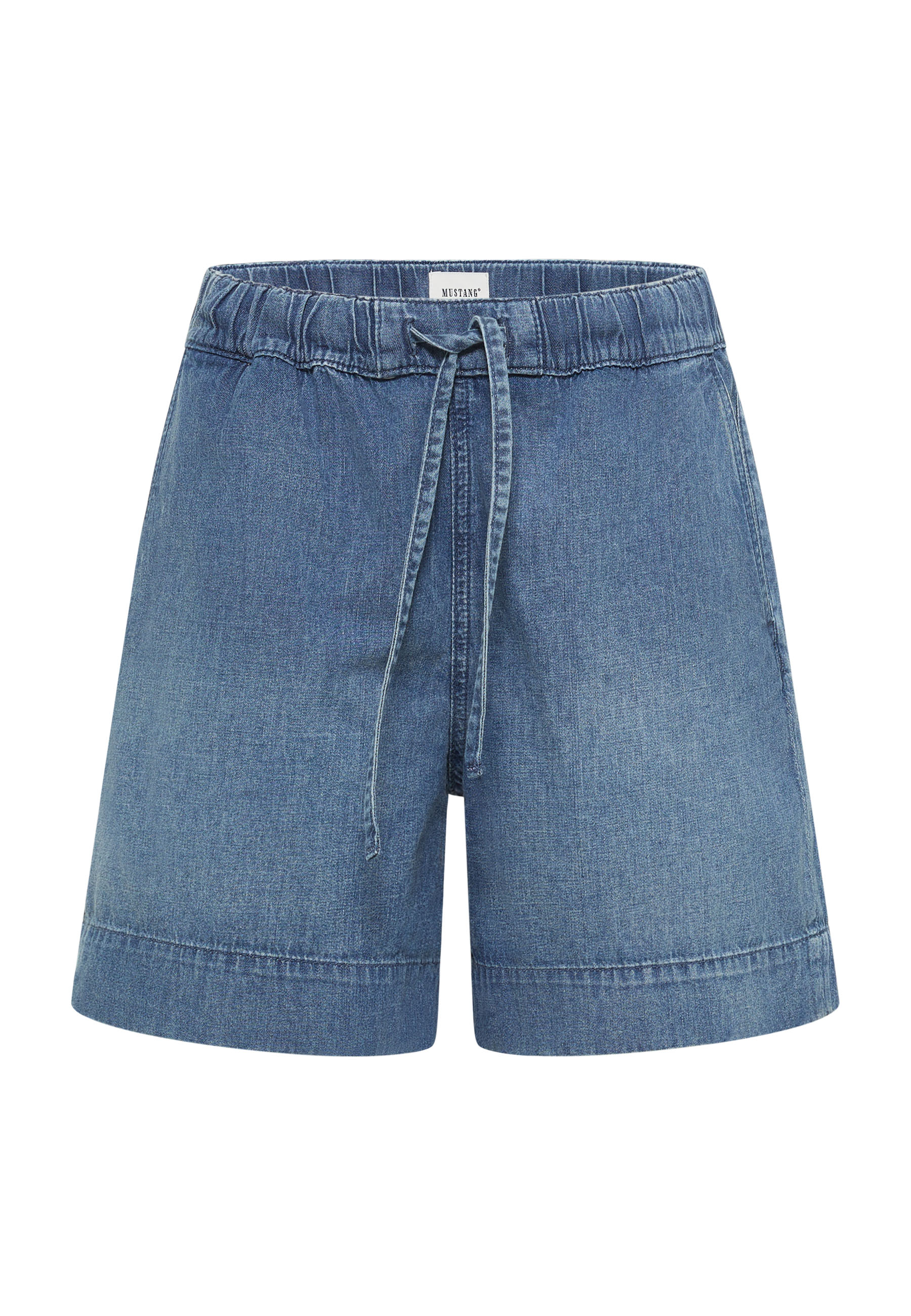 Denim Shorts, Blue Denim, Drawstring, Elastic Waist, Knee-Length