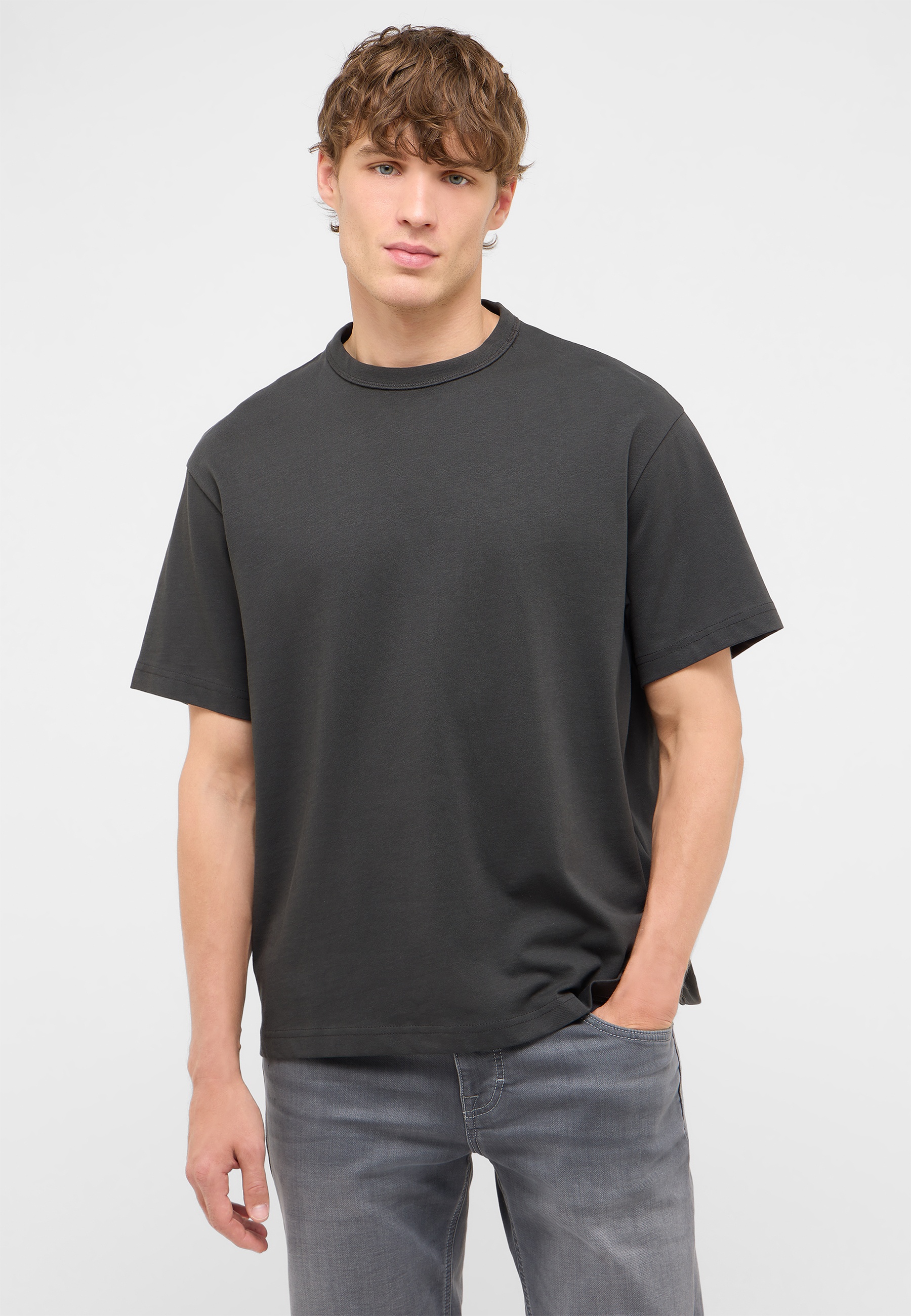 T-Shirt, Kurzarm, Unifarbe, Dunkelgrau, Regular Fit