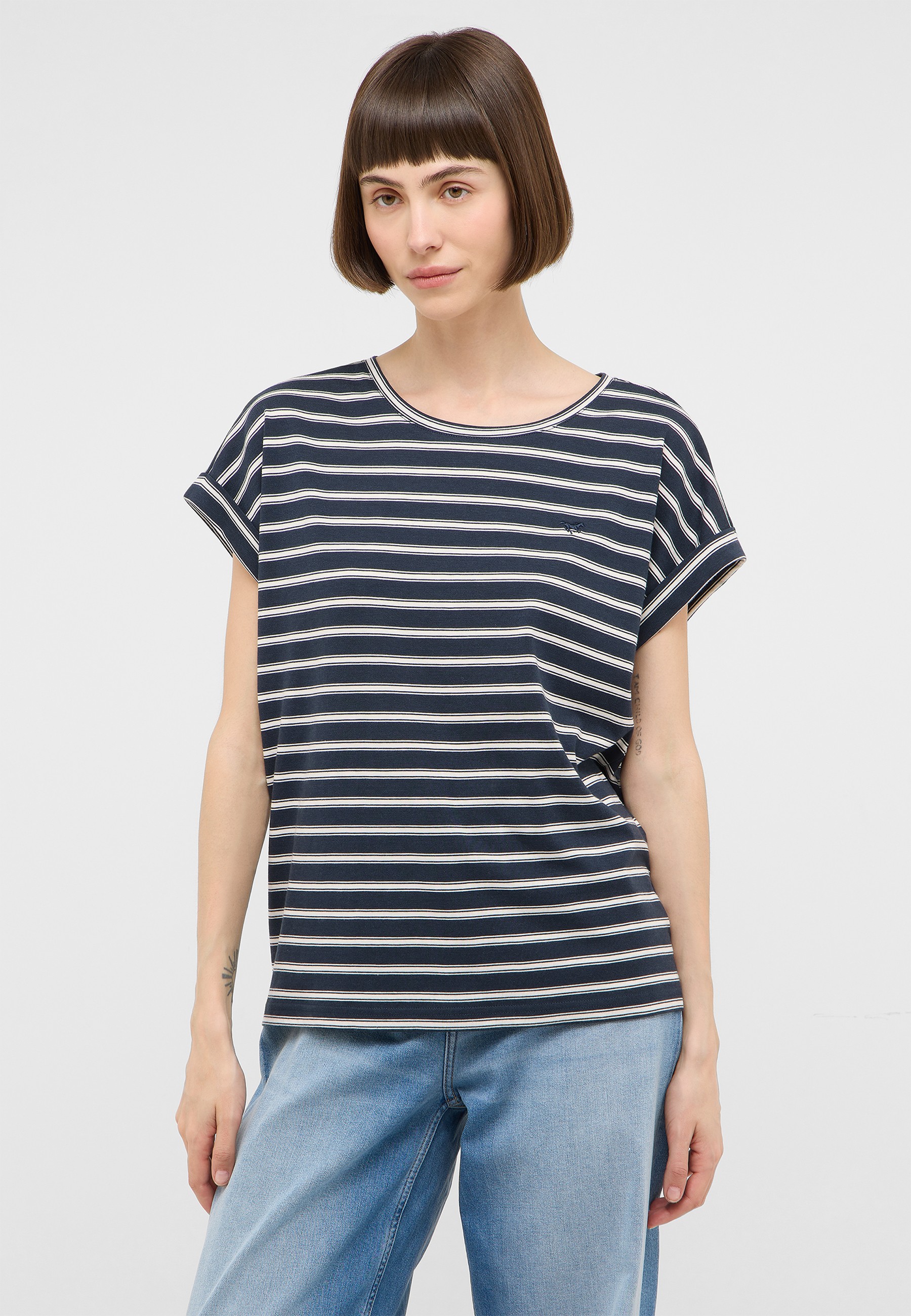 gestreiftes T-Shirt, marine-weiß, Kurzarm, Rundhalsausschnitt, Baumwollstrick