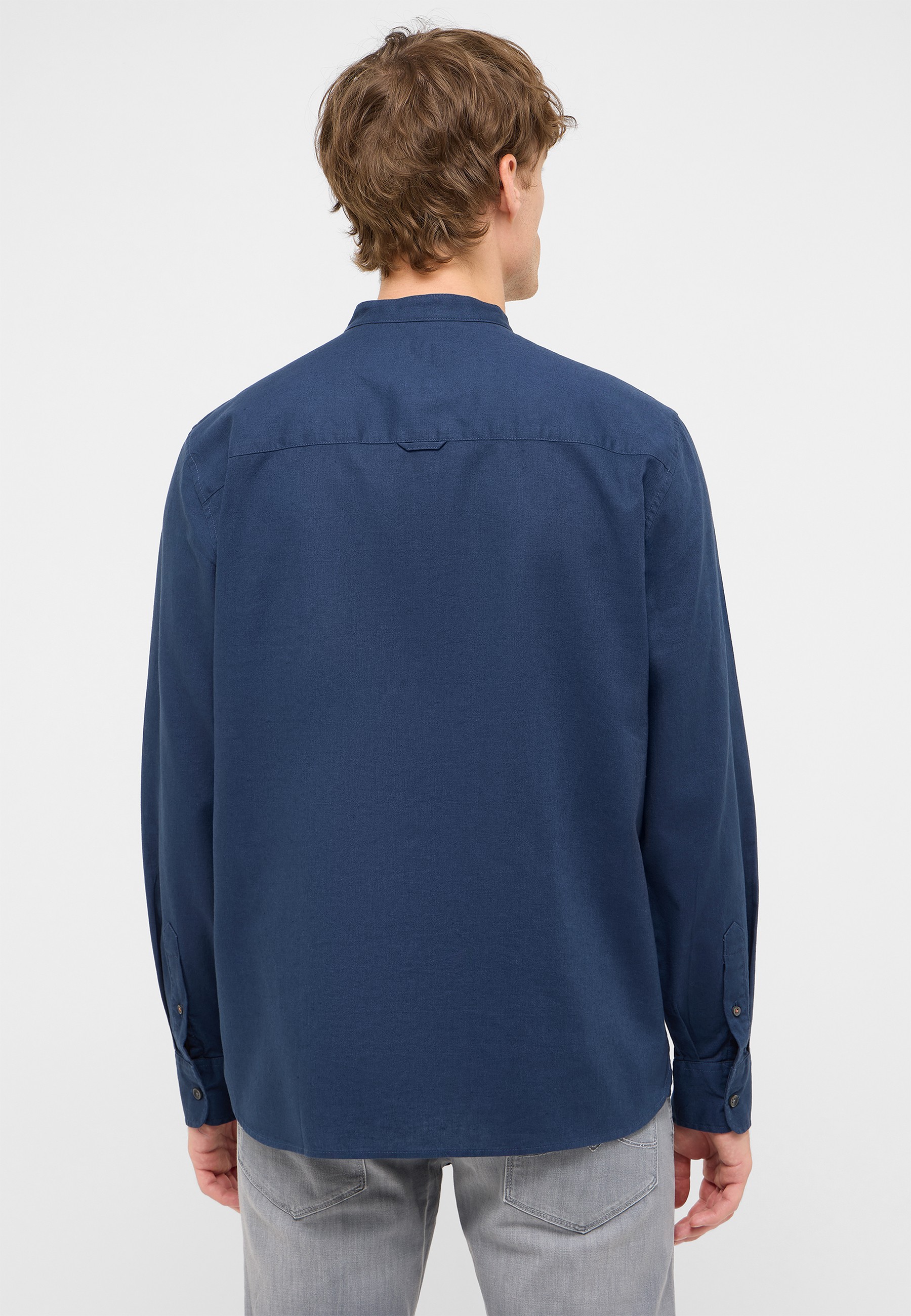 shirt, long-sleeve, buttoned, collarless, blue