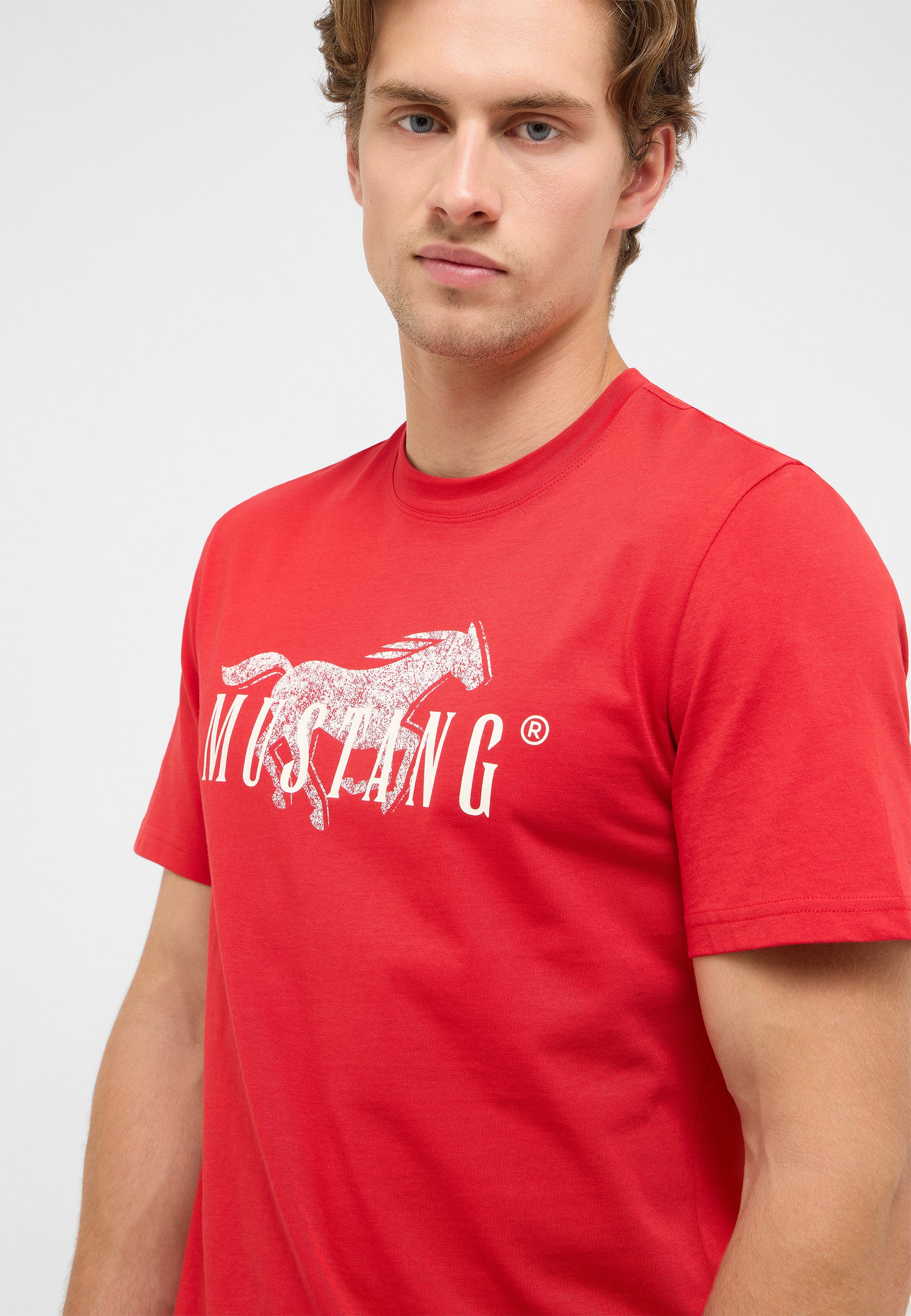 t-shirt, rot, grafik, kurzarm, pferdelogo