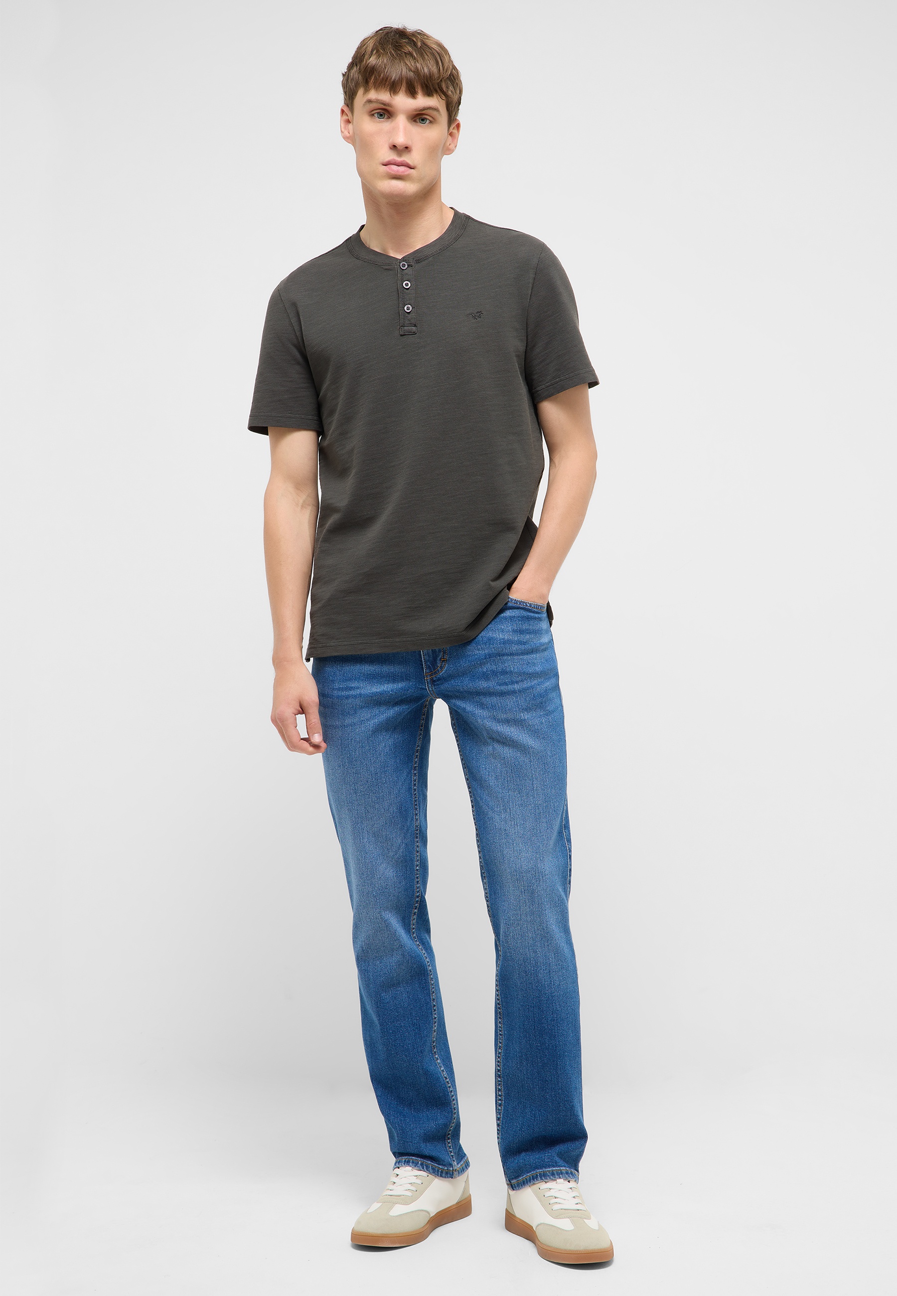 T-Shirt, Henley, Kurzarm, Baumwolle, dunkelgrau