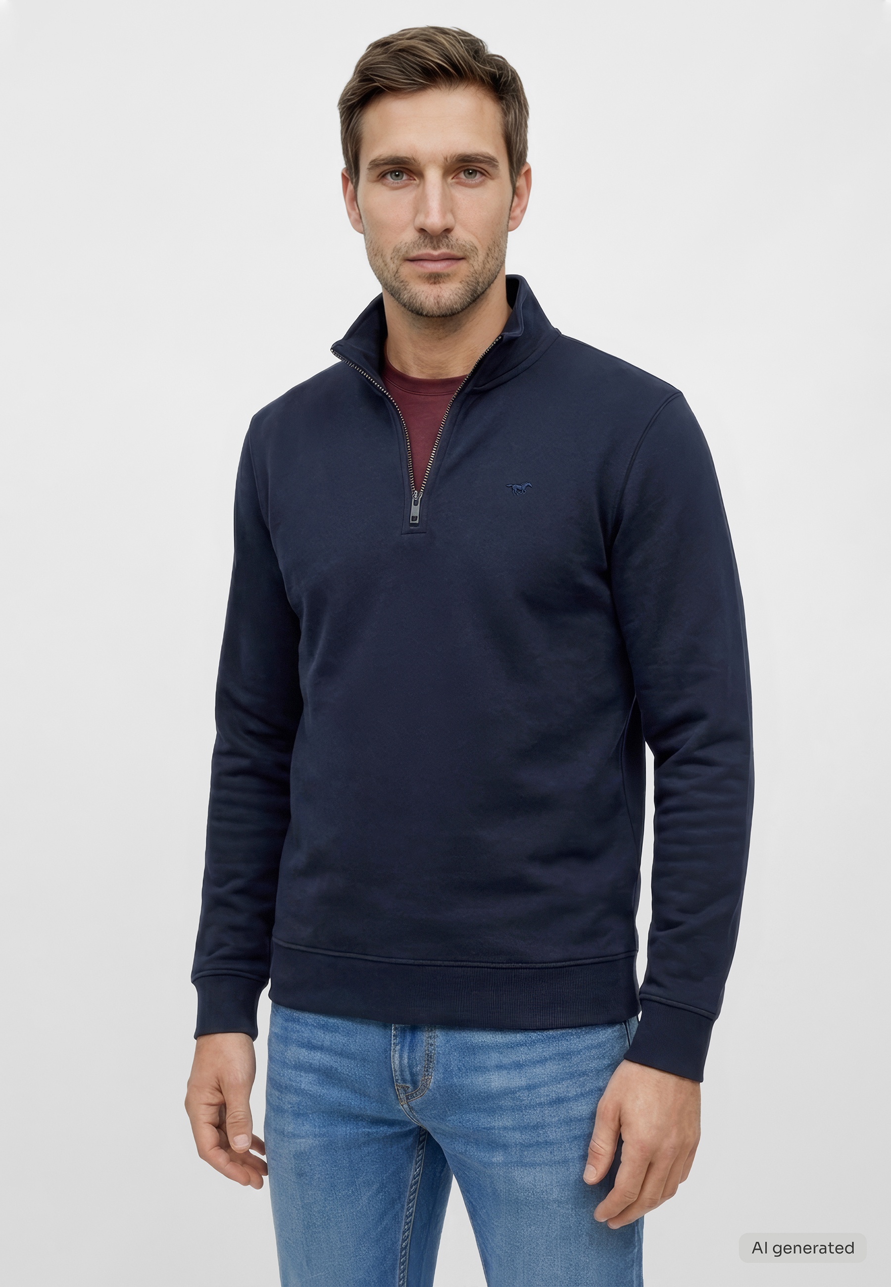 Pullover, Zip-Kragen, Langarm, Navy, Fleece