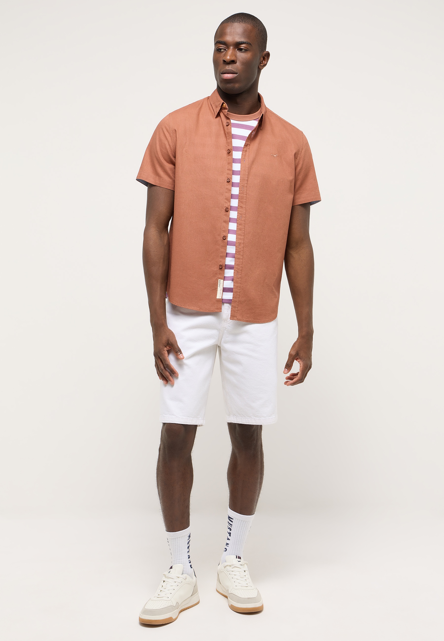 Hemd, Kurzarm, terracotta, gestreiftes Top?, Chino-Shorts?