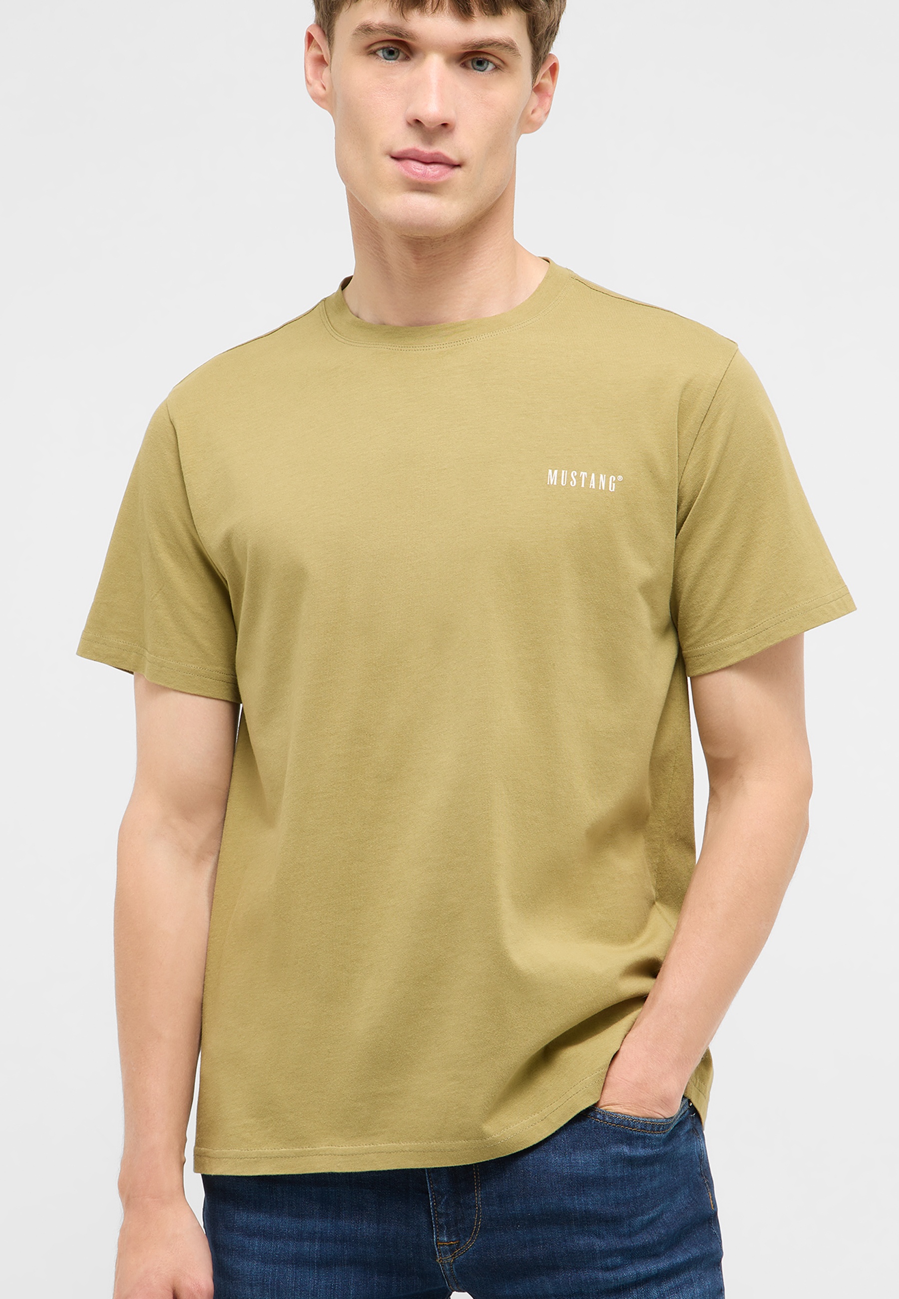 t-shirt, kurzarm, olivgrün, rundhalsausschnitt, mustang-logo