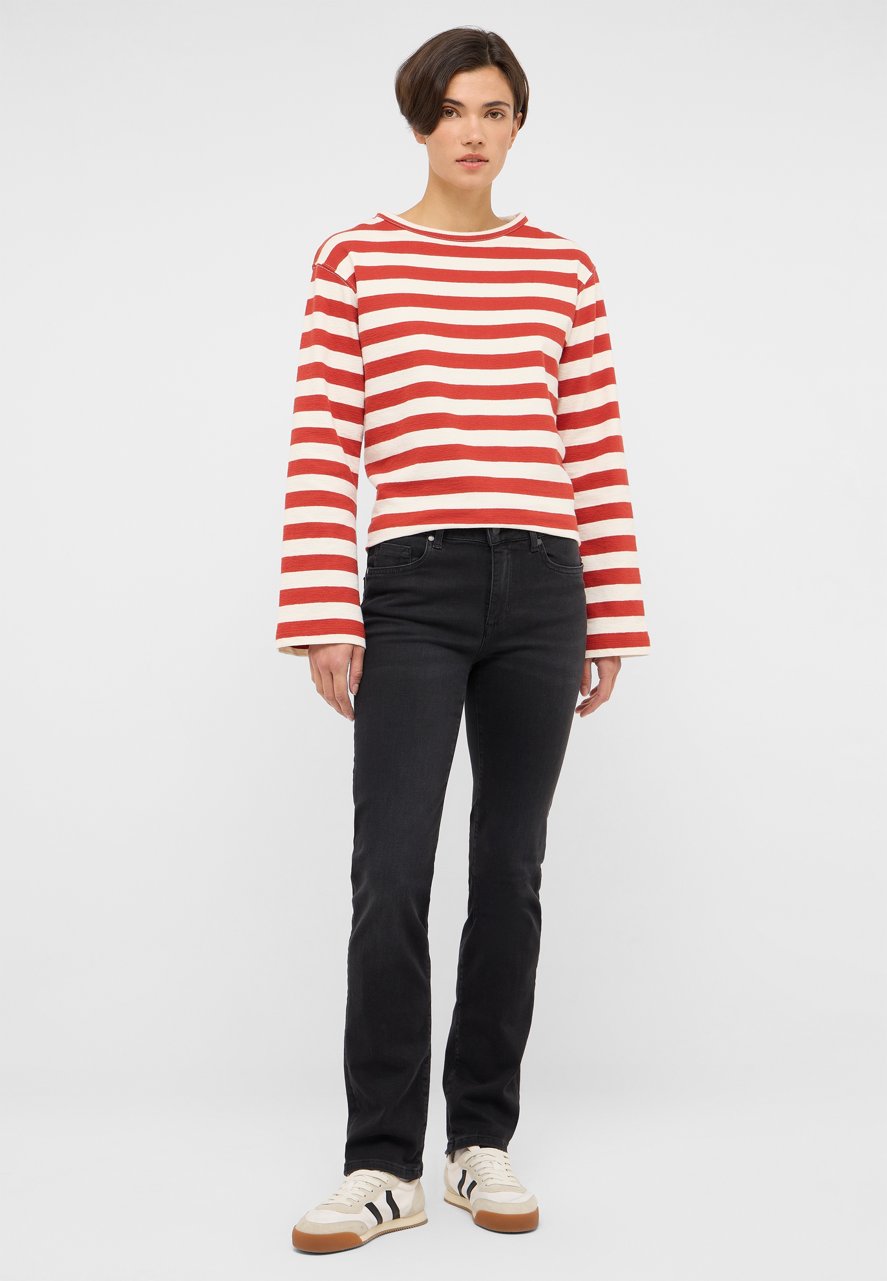 Rundhalspullover, Streifenpullover, Rot-Weiß, Langarm, Pullover