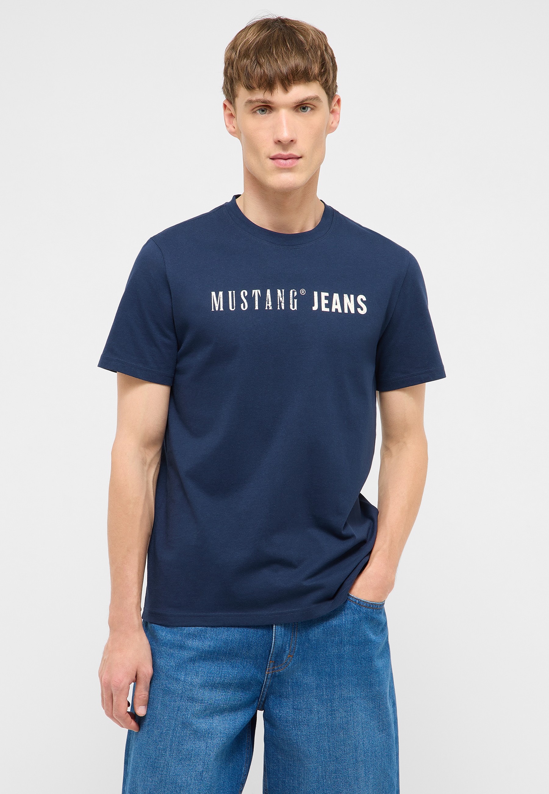 T-Shirt, Baumwolle, Navy, Logo-Text, Kurzärmlig