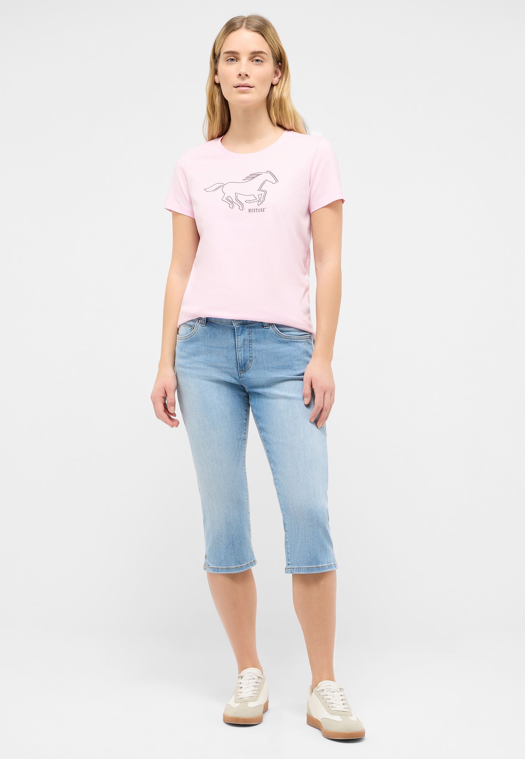 T-Shirt, Rundhals, Pink, Logo-Druck, Jeansshorts