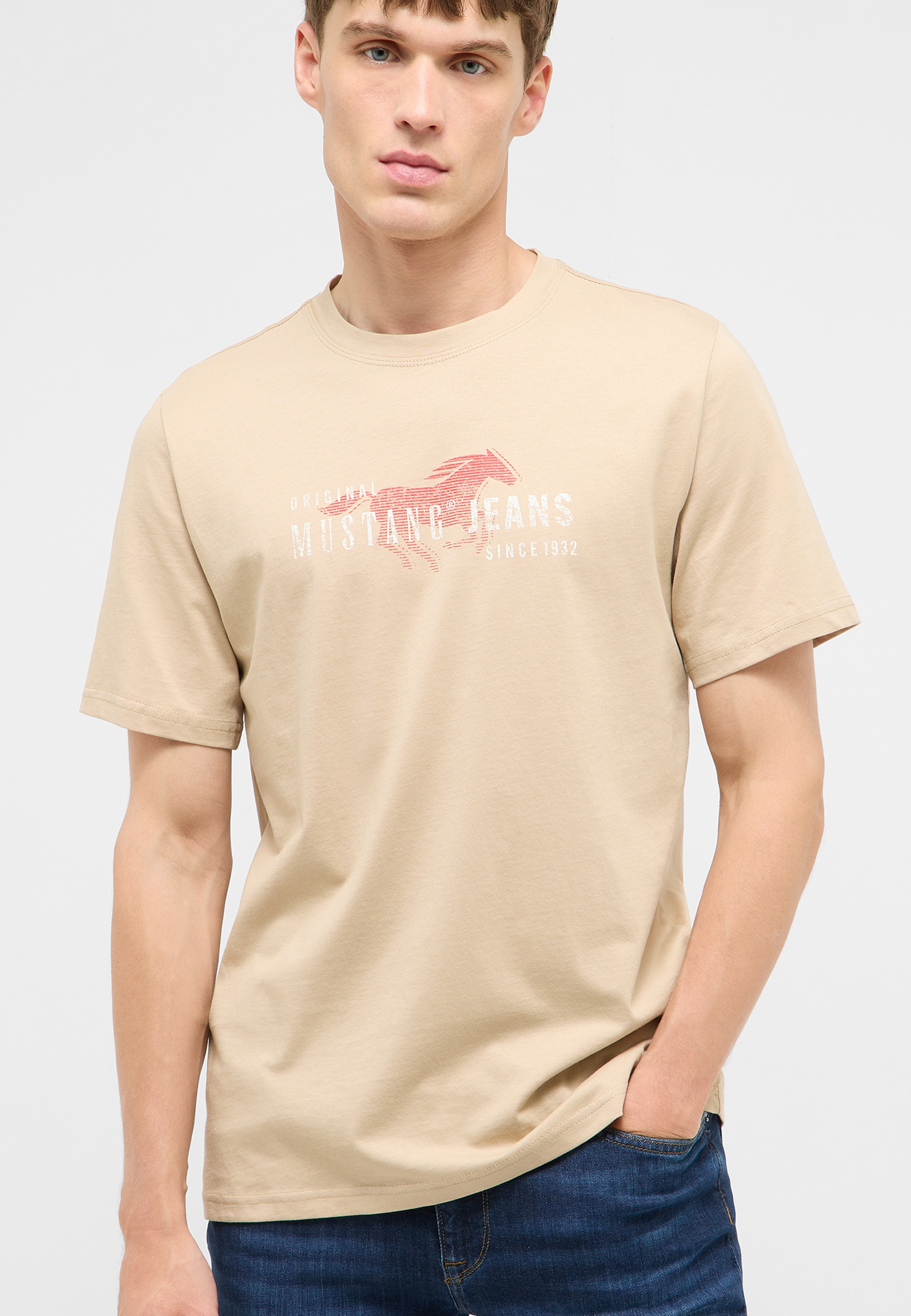 T-Shirt, Beige, Rundhals, Kurzarm, Mustang Jeans Logo