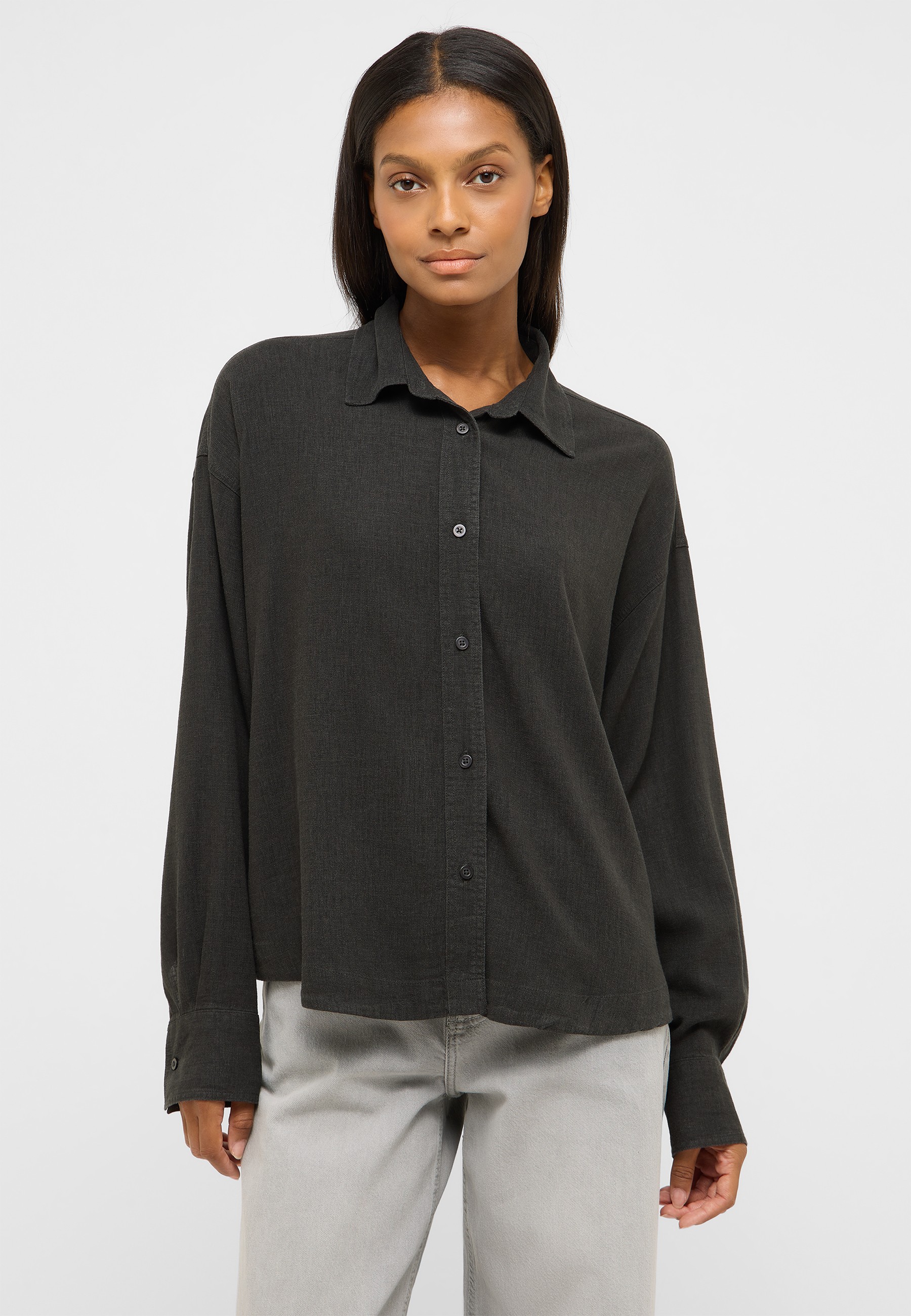 Hemd, Oversize, Langarm, Knopfleiste, Dunkelgrau