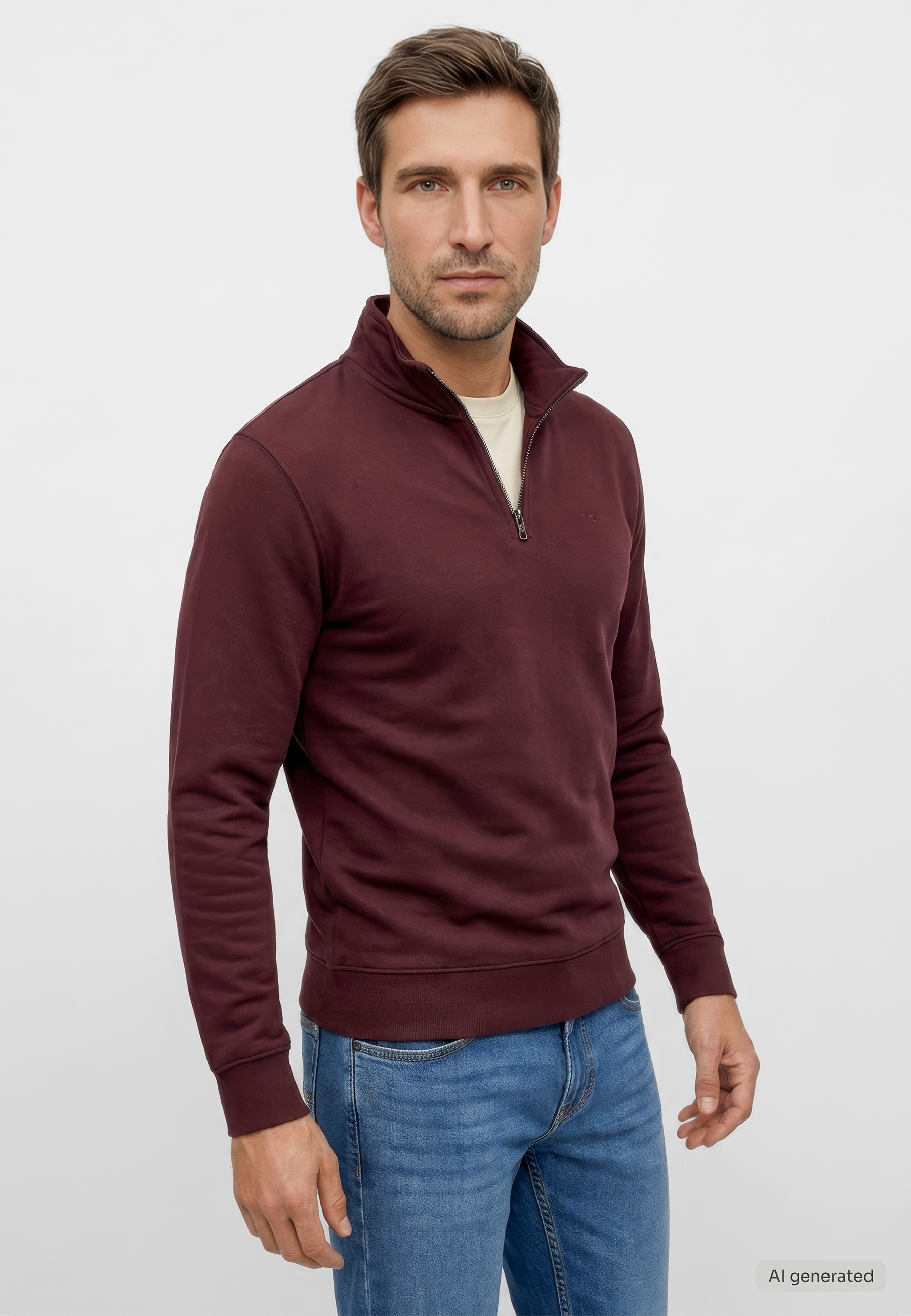 Pullover, Halbleller Reißverschluss, weinrot, Sweatshirt, Langarmshirt