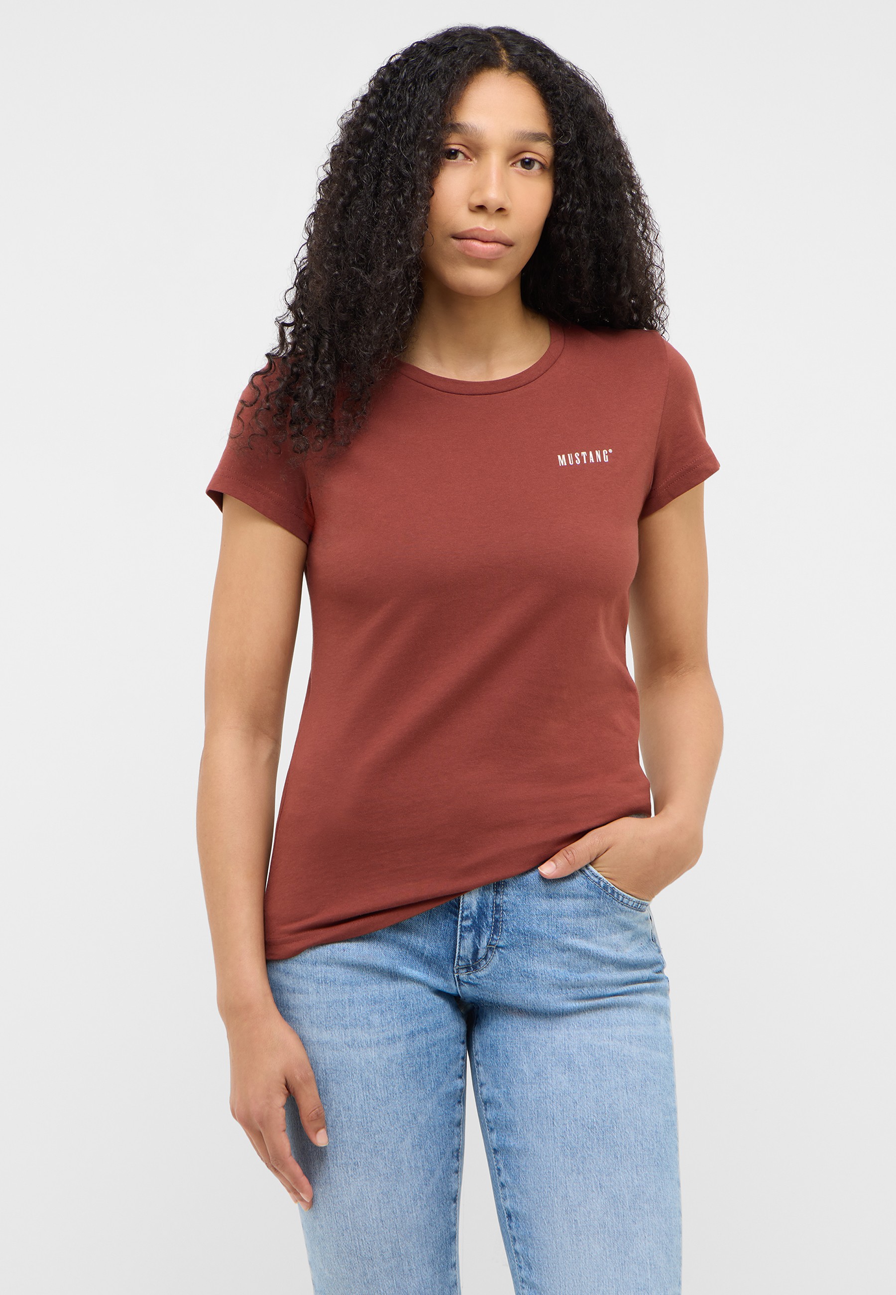 t-shirt, kurzarm, rust, mustang-aufdruck, unifarben