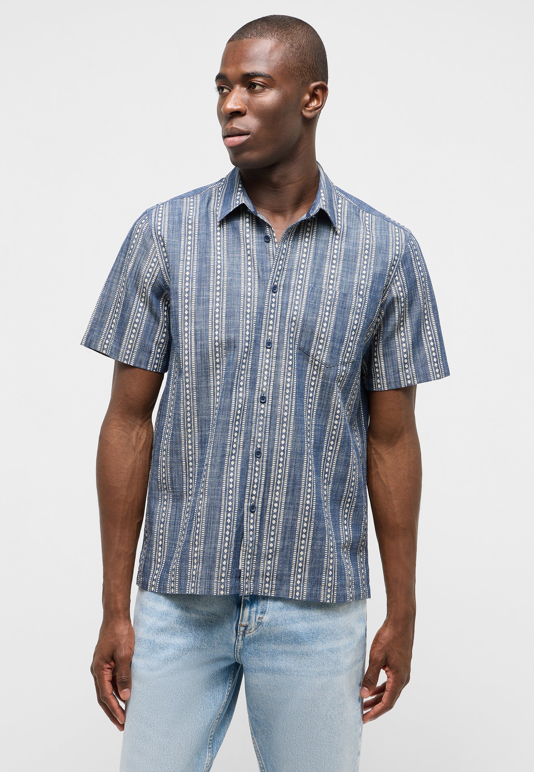 Hemd, Kurzarm, Strukturmuster, Denimblau, Knopfleiste