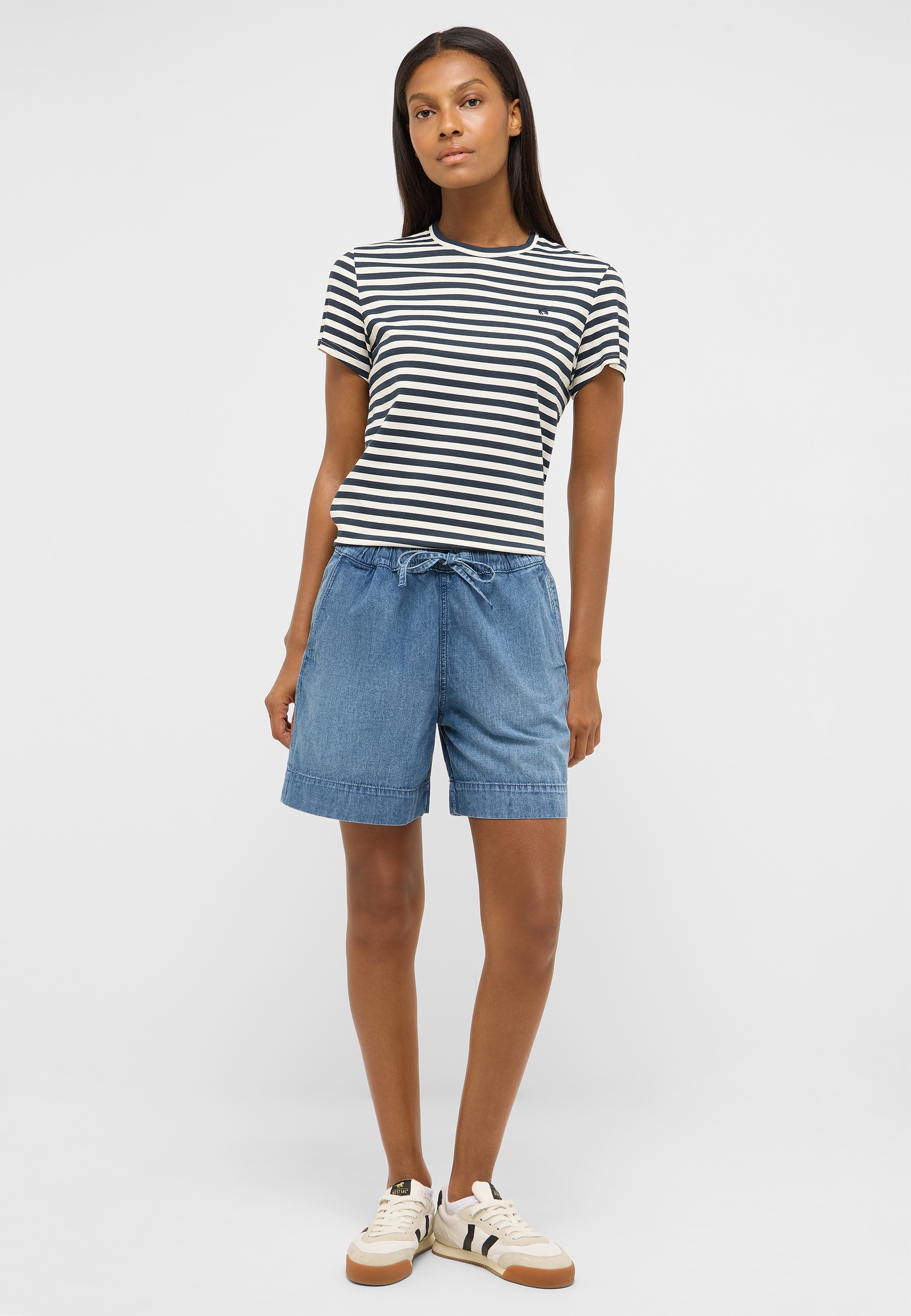 T-Shirt, Streifen, Rundhals, Shorts, Denim