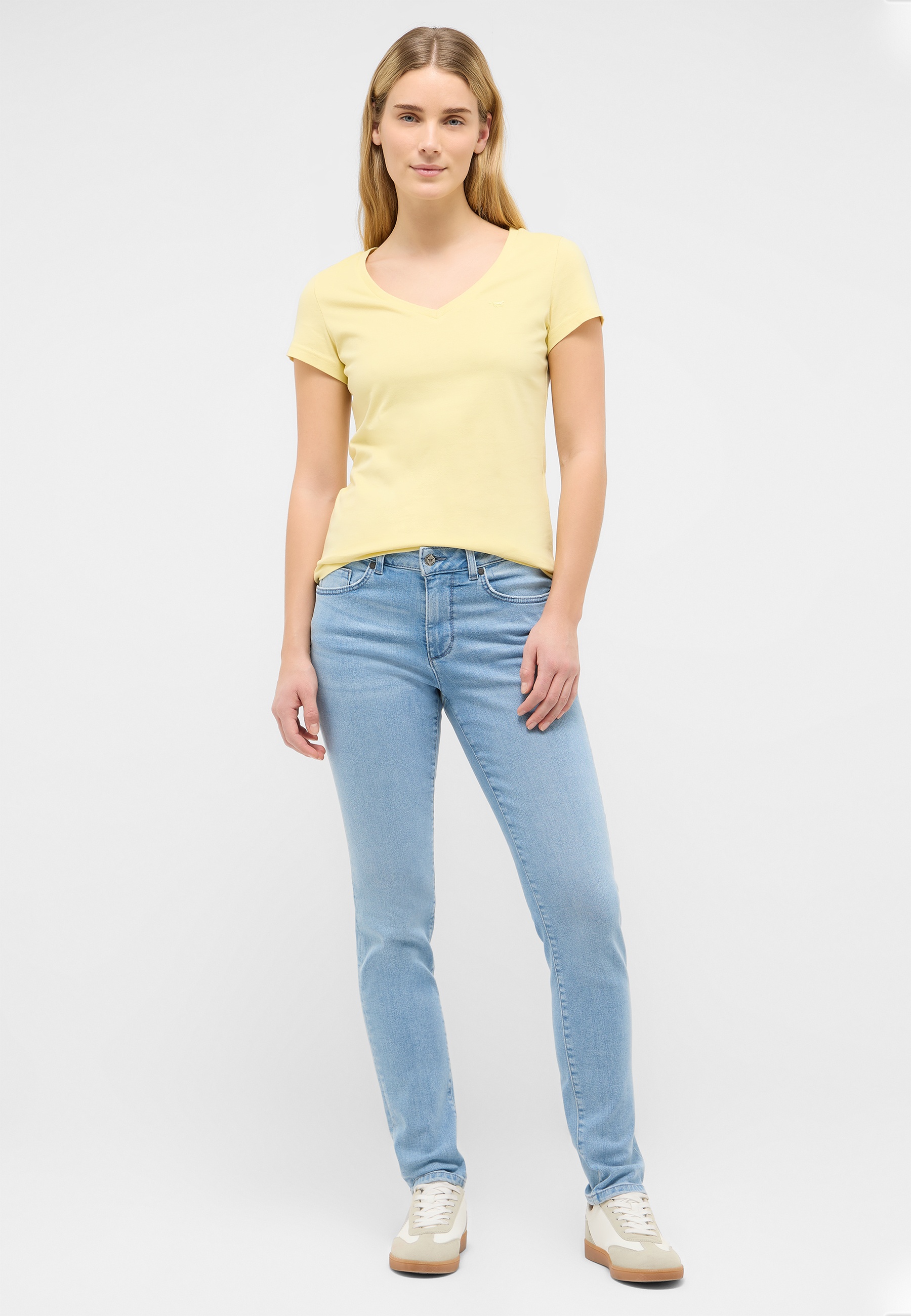 T-Shirt, V-Passform, Kurzärmelig, Pastellgelb, Jeanshose
