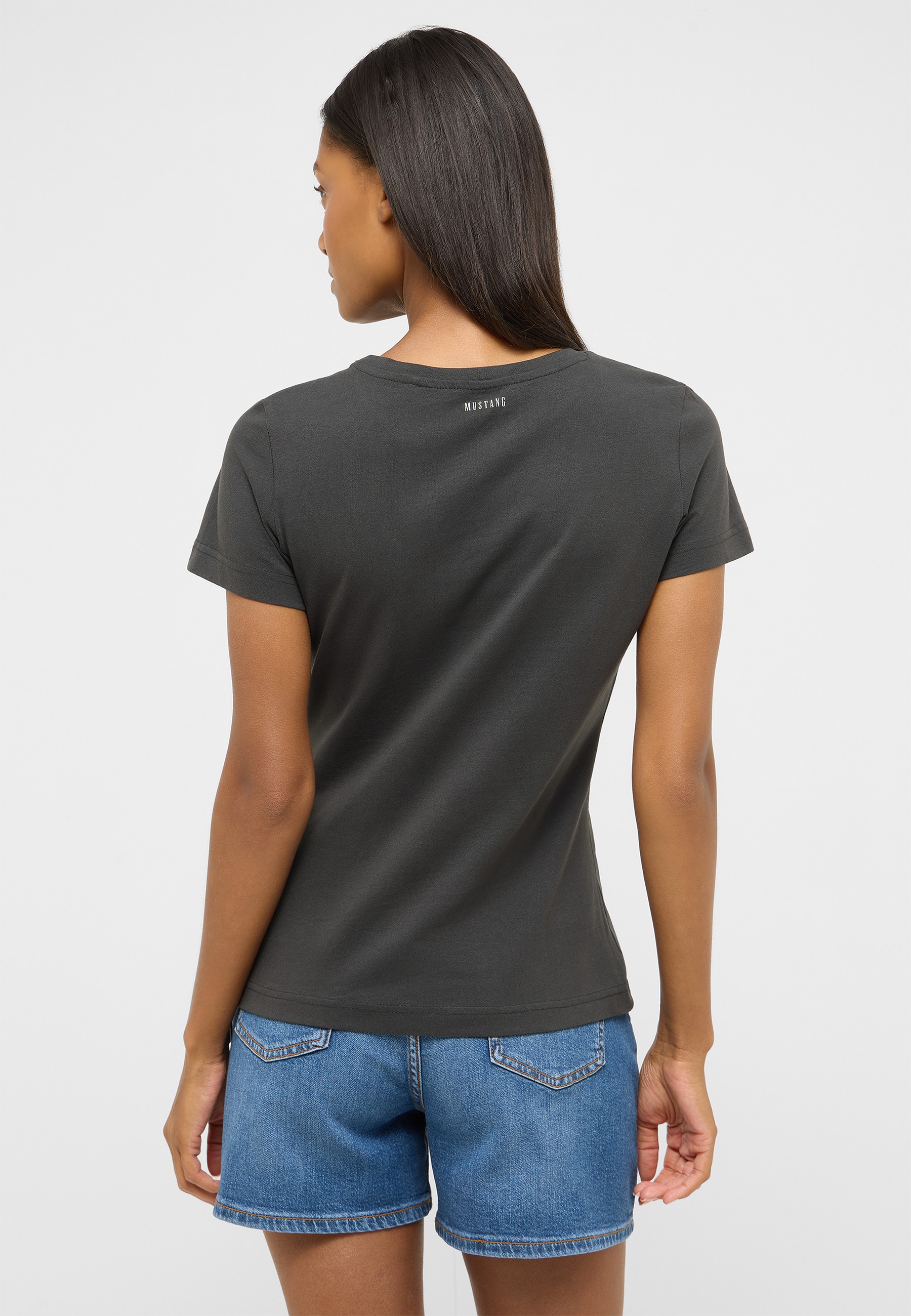 T-Shirt, Kurzarm, Grau, Rückansicht, Mustang-Label