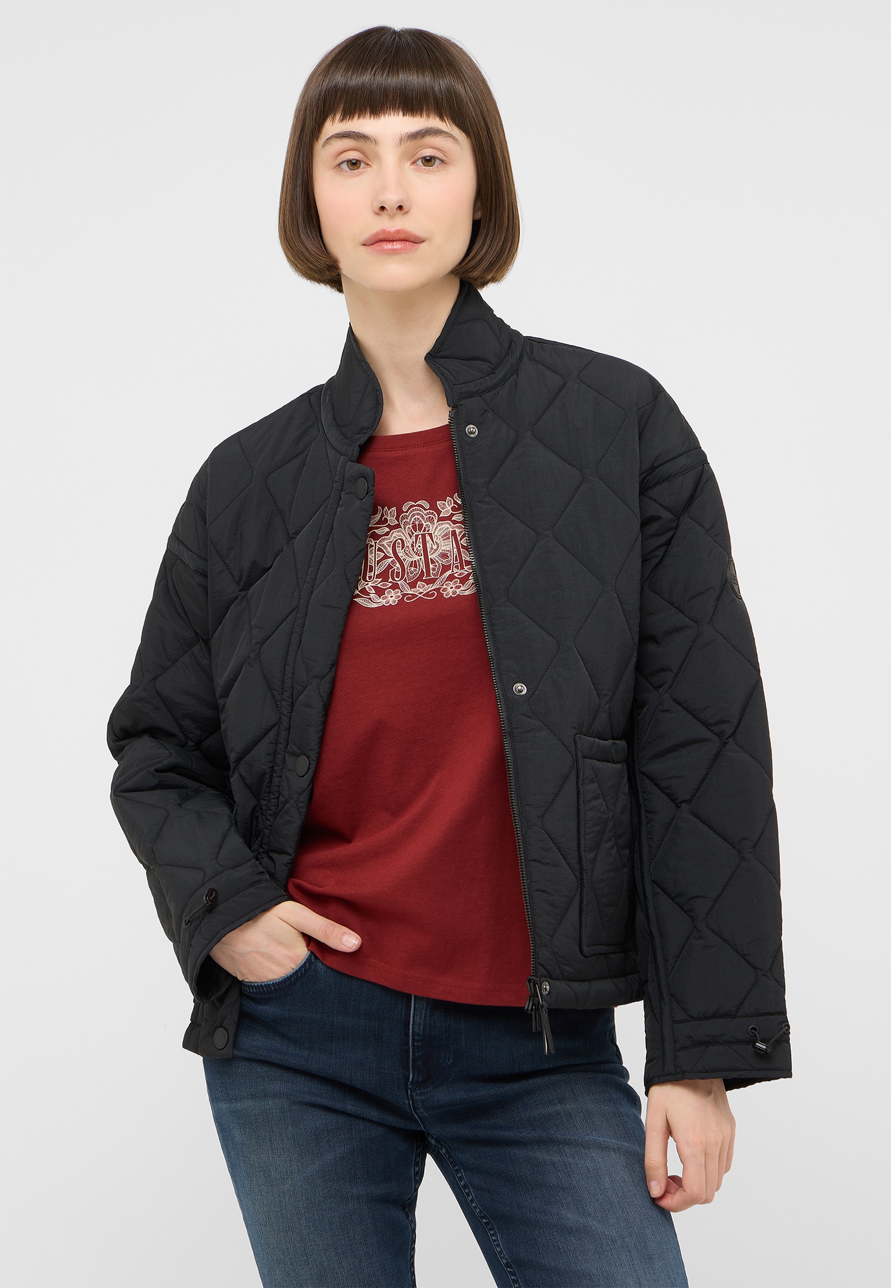 Quilted jacket, black jacket, gedrückte Daunenjacke, Stehkragen, Frontreißverschluss
