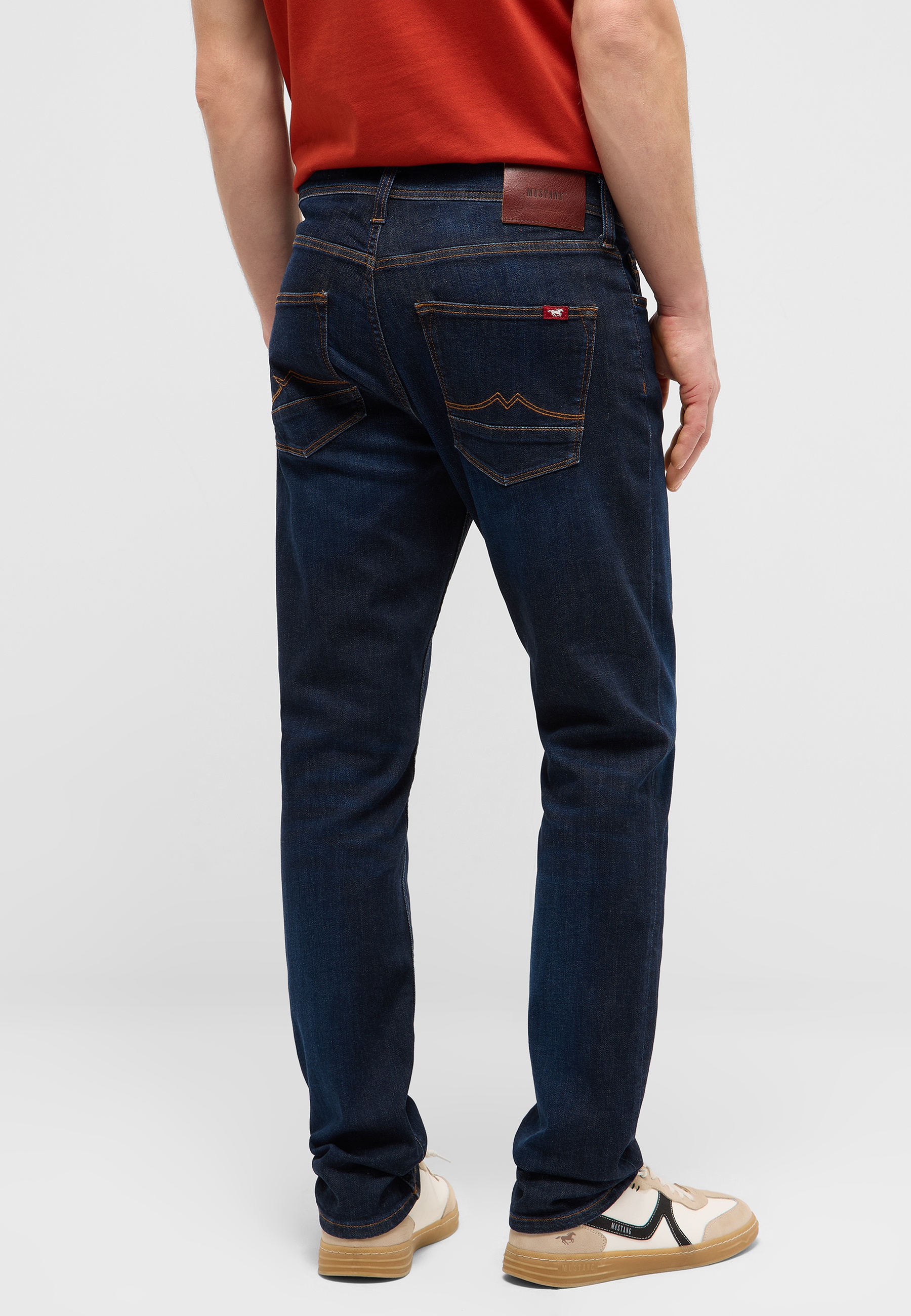 jeans, denim, back pockets, brown leather patch, belt loop area