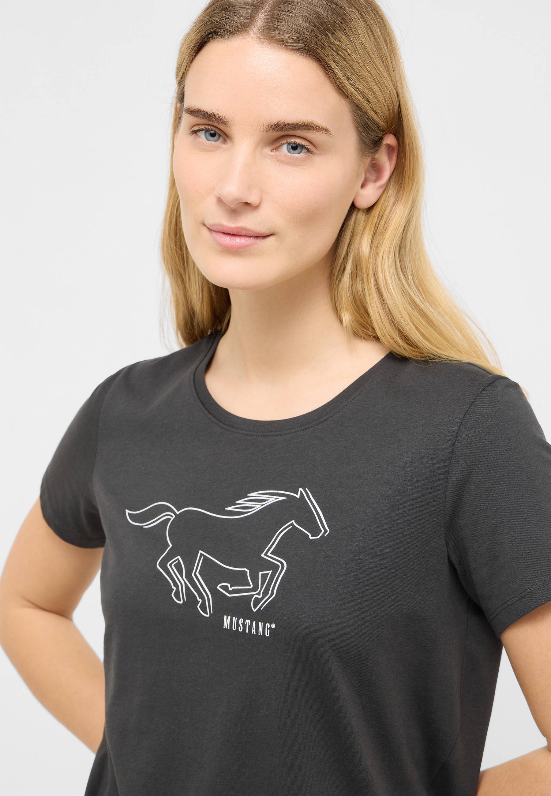 T-Shirt, Kurzarm, Grau, Pferd-Print, Mustang