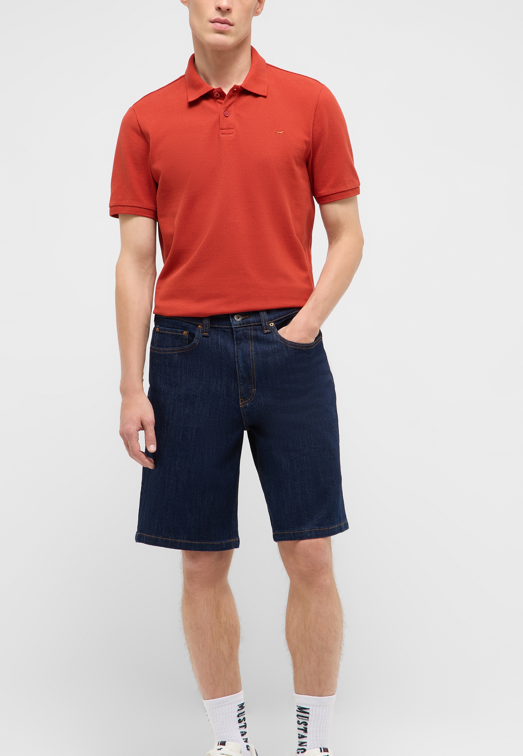 Polohemd, kurzärmlig, Orange, Piqué, Denimshorts